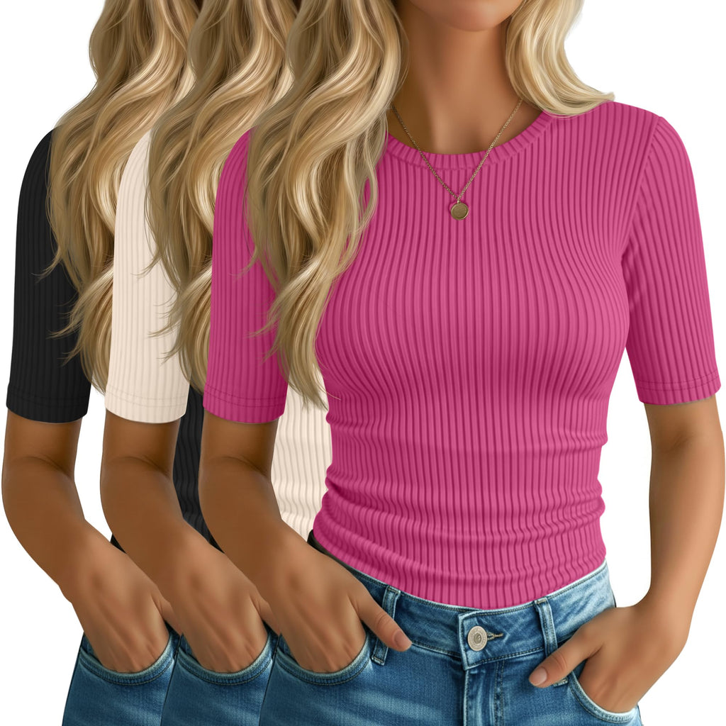 Riyiper 3 Pack Women's Elbow Length Tops, Half Sleeve Ribbed Cotton T Shirt Crew Neck Summer Tee Slim Fit Casual Blouses