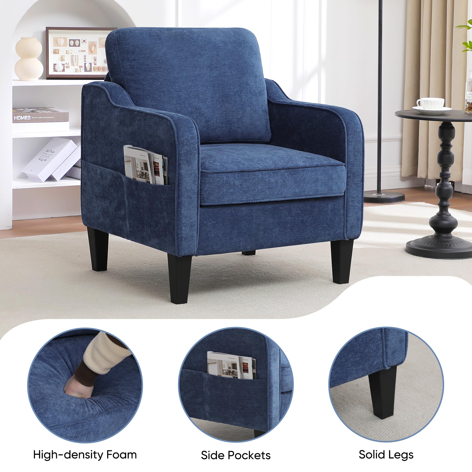 Accent Chair for Living Room, Mid Century Modern Reading Chair for Bedroom, Upholstered Armchair with Side Pockets, Comfy Single Sofa Side Chair for Office, Apartment, Small Room, Beige