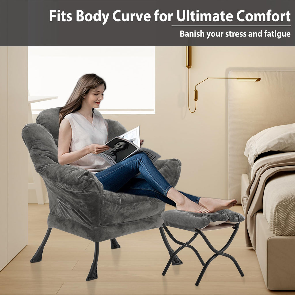 Youtanic Lazy Chair with Folding Ottoman, Accent Chair Velvet Upholstered with Metal Structure and Non-Slip Pads, Sofa Armchair with Footrest and Side Storage Bag for Dorm, Room, Office, Beige