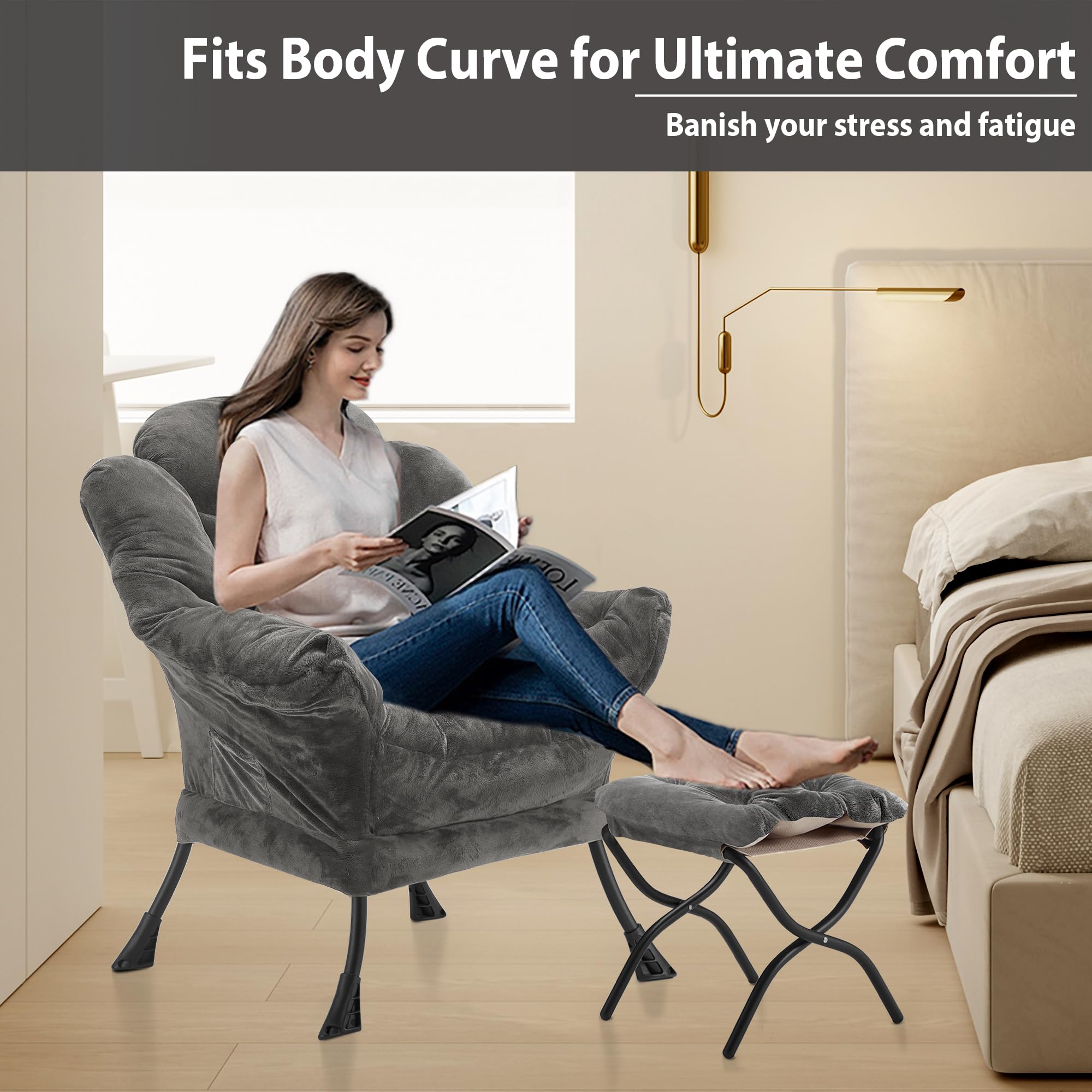 Youtanic Lazy Chair with Folding Ottoman, Accent Chair Velvet Upholstered with Metal Structure and Non-Slip Pads, Sofa Armchair with Footrest and Side Storage Bag for Dorm, Room, Office, Beige