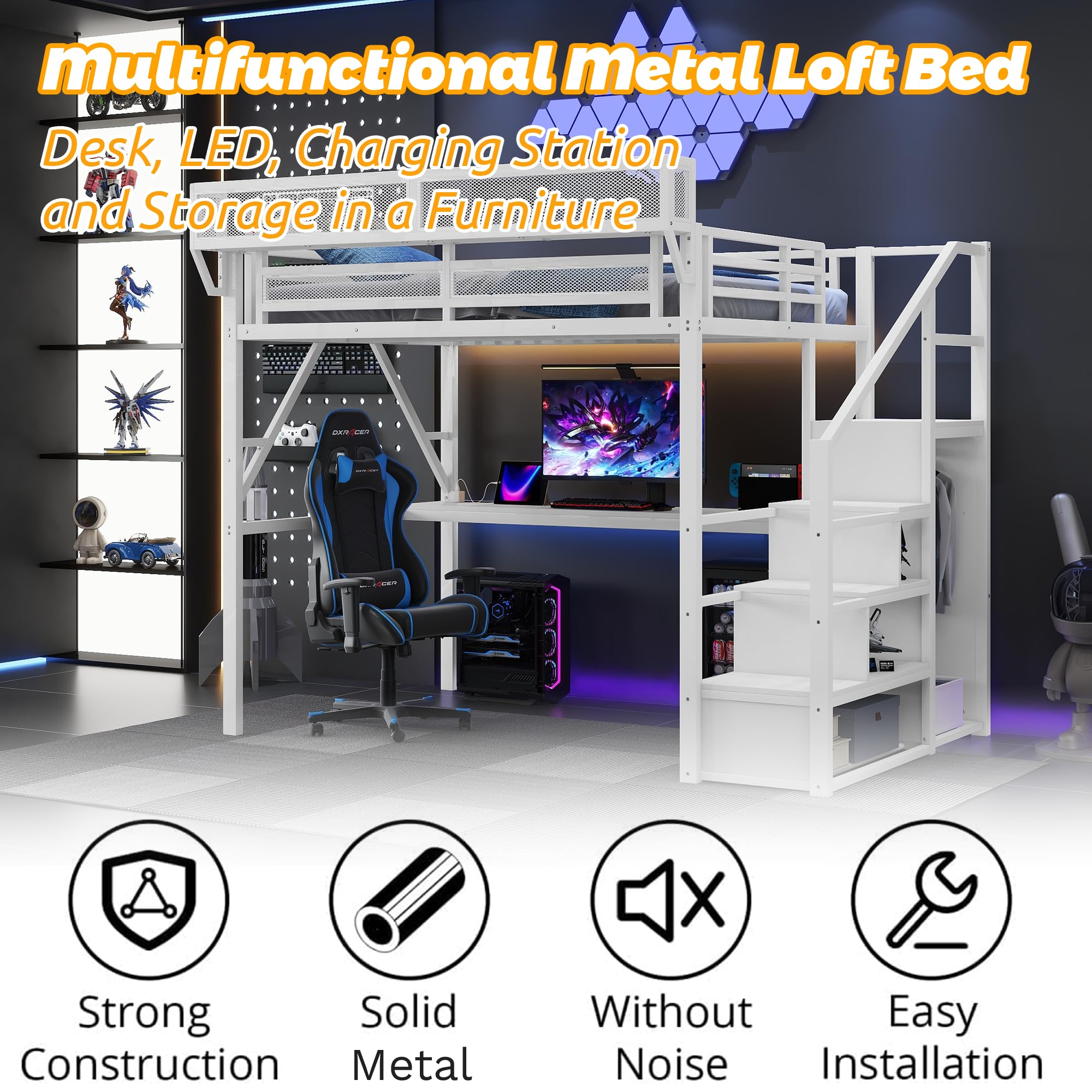 Mirightone Full Size Loft Bed with Stairs, Metal Loft Beds, High Loft Bed Frame with Storage Shelves, Lofted Full Bed with Wardrobe for Kids and Teens, No Box Spring Needed (Black)