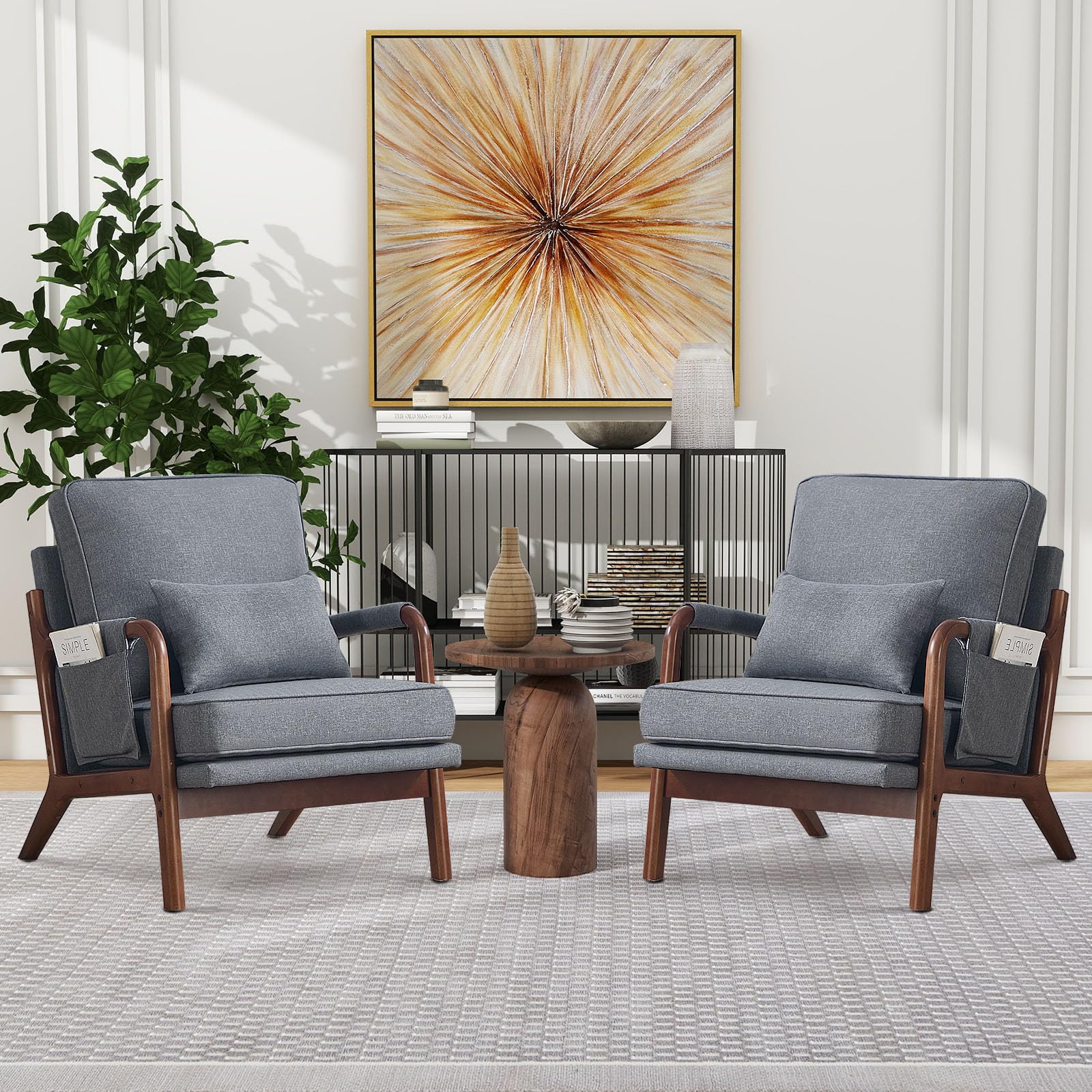 ANJ Mid Century Modern Accent Chair, Comfy Fabric Living Room Chairs with Solid Wood Frame, Lounge Reading Armchair, Easy Assembly, Beige