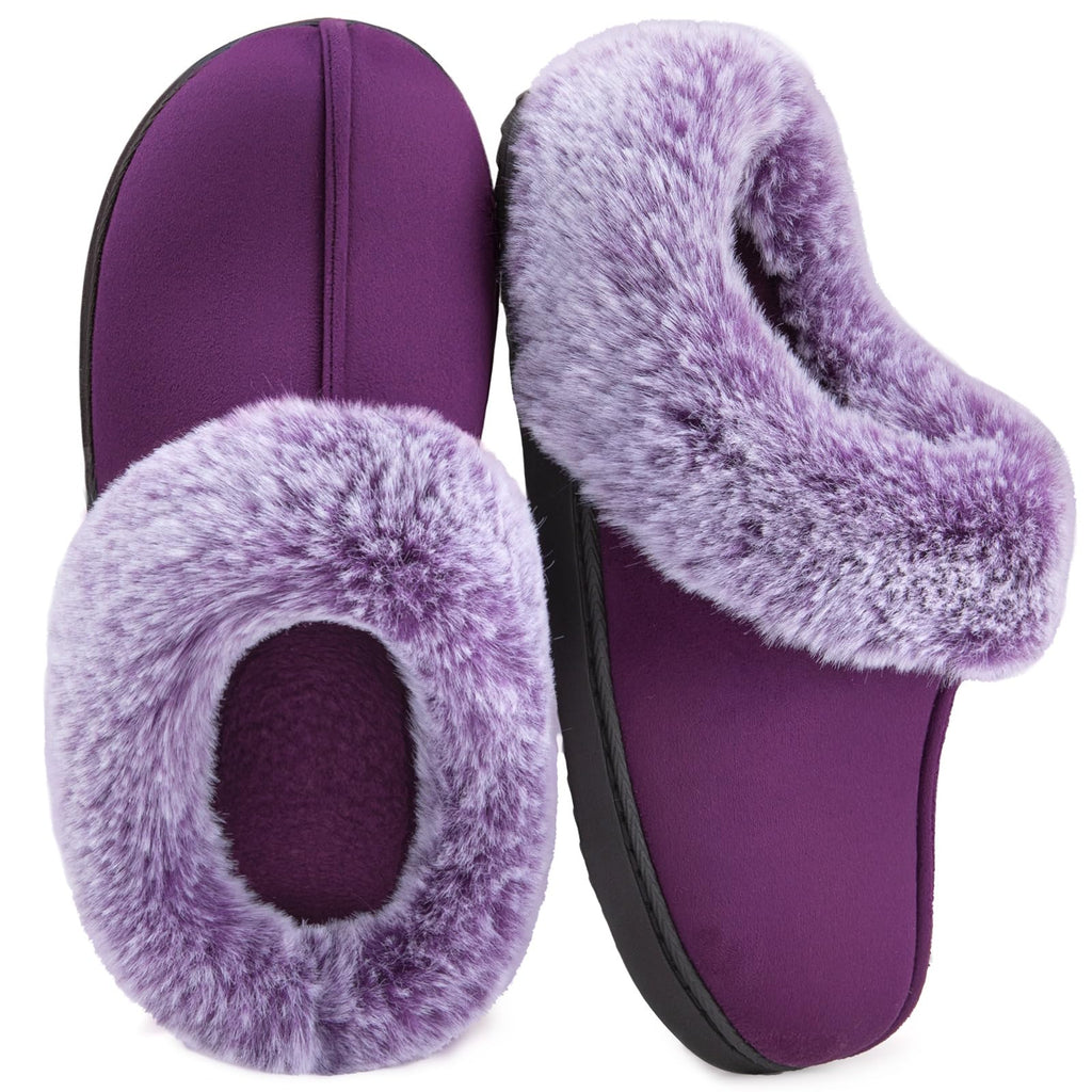 HomeTop Women's Classic Microsuede Memory Foam Slippers Durable Rubber Sole with Warm Faux Fur Collar