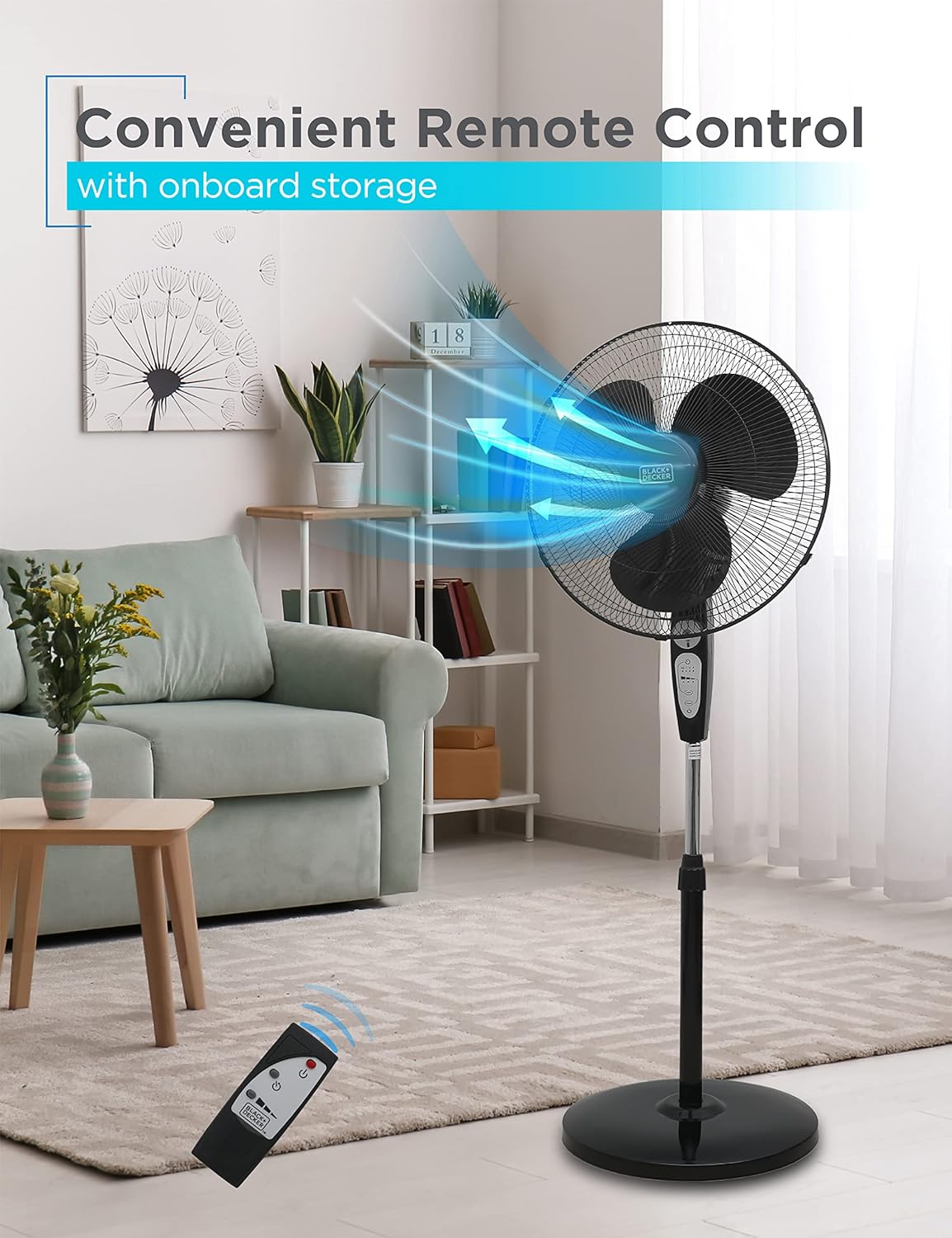 BLACK+DECKER 18-Inch Stand Fan with Pedestal Base, Height Adjustable Pedestal Fan with Remote and Touch Control Panel, Free Standing Fan with 90-Degree Oscillating and 3-Speed Settings, Black
