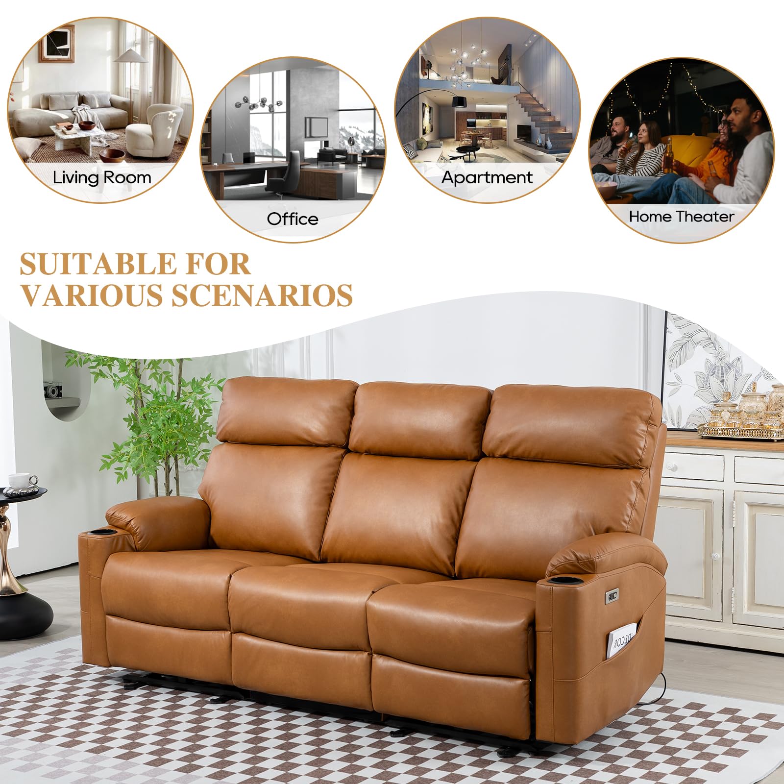 Power Reclining Sofa - 3 Seater Recliner Sofás, PU Leather Sofa, Home Theater Seating with Flipped Middle Backrest, Power Recliner Couch for Living Room(Brown)