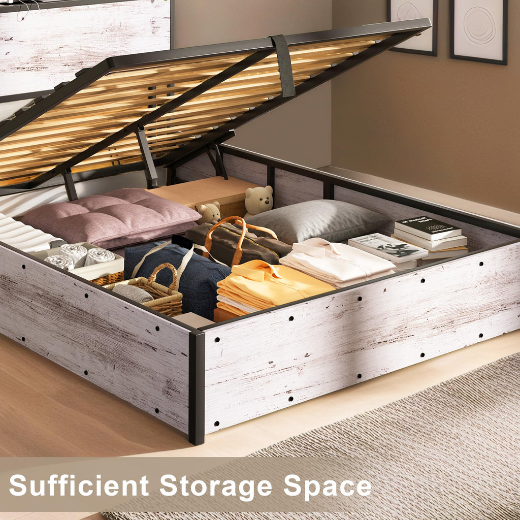 LUXOAK Full Size Lift Up Storage Bed, Wood Platform Bed Frame with Storage Headboard & Charging Station, No Box Spring Needed, Easy Assembly, Black