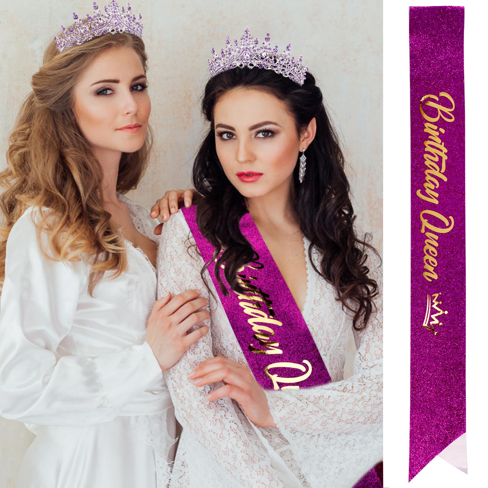 VELSCRUN AB Silver Crystal Birthday Queen Tiara Crowns for Women Girls Birthday Queen Headband Sash Elegant Princess Crown with Combs Hair Accessories Happy Birth Party Decorations Mom Gift