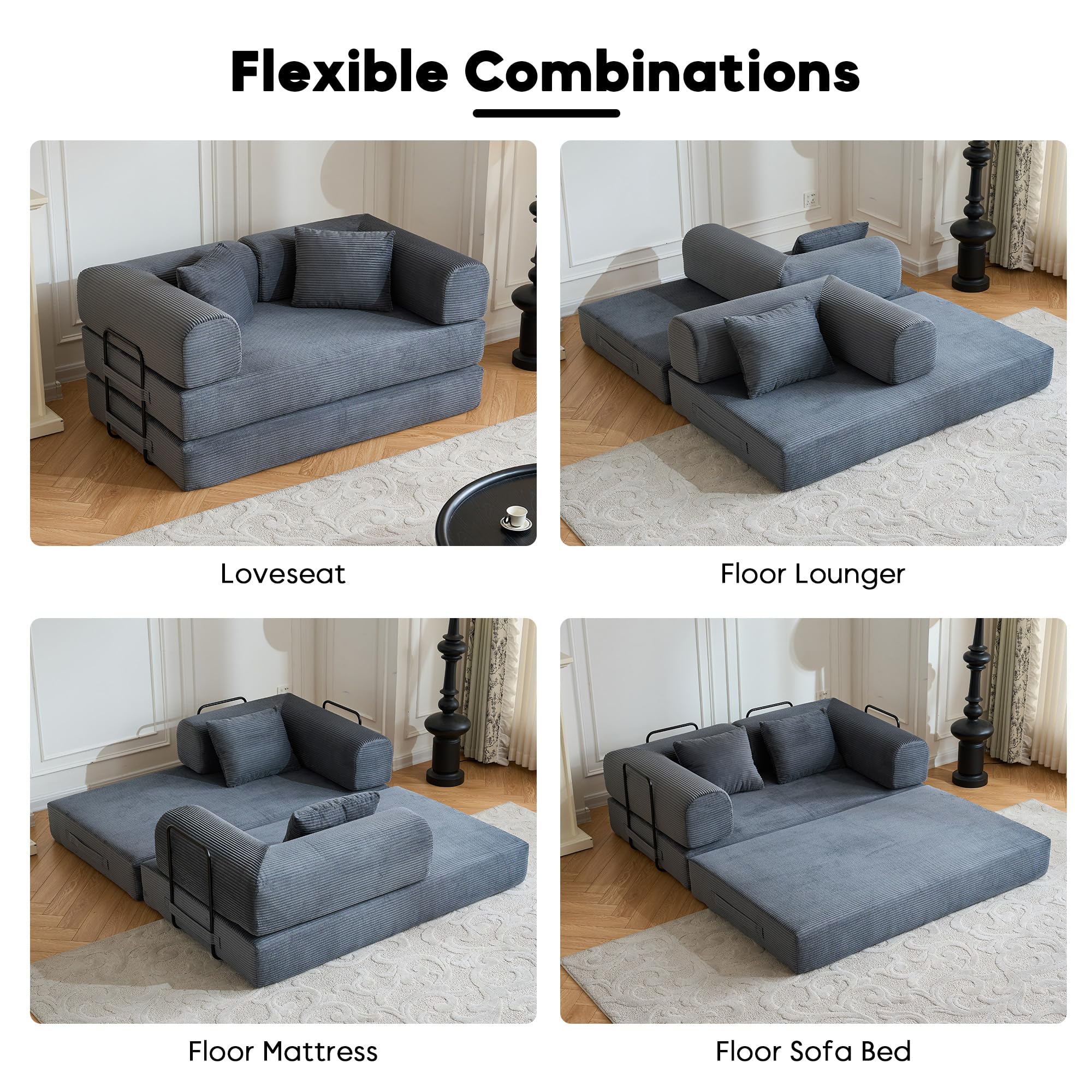 ZEIINPA 59“ Convertible Floor Sofa Bed, 5-in-1 Futon Sofa Bed Pull Out Sleeper Couch, Modern Corduroy Compressed Loveseat, Modular Boneless Couches for Living Room, No Assembly Required, Beige