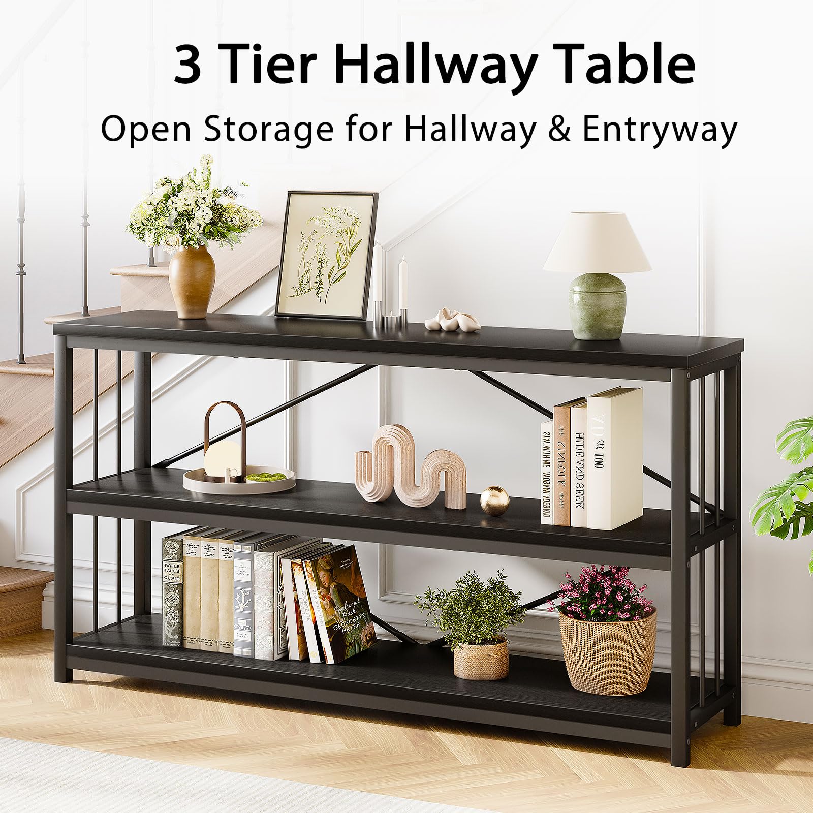 LVB Black Console Table, Modern Entryway Table for Hallway Living Room, Industrial Sofa Table Behind Couch, Farmhouse Wooden Metal Entry Table for Foyer with 3-Tier Storage Shelves, Black Oak, 55 Inch