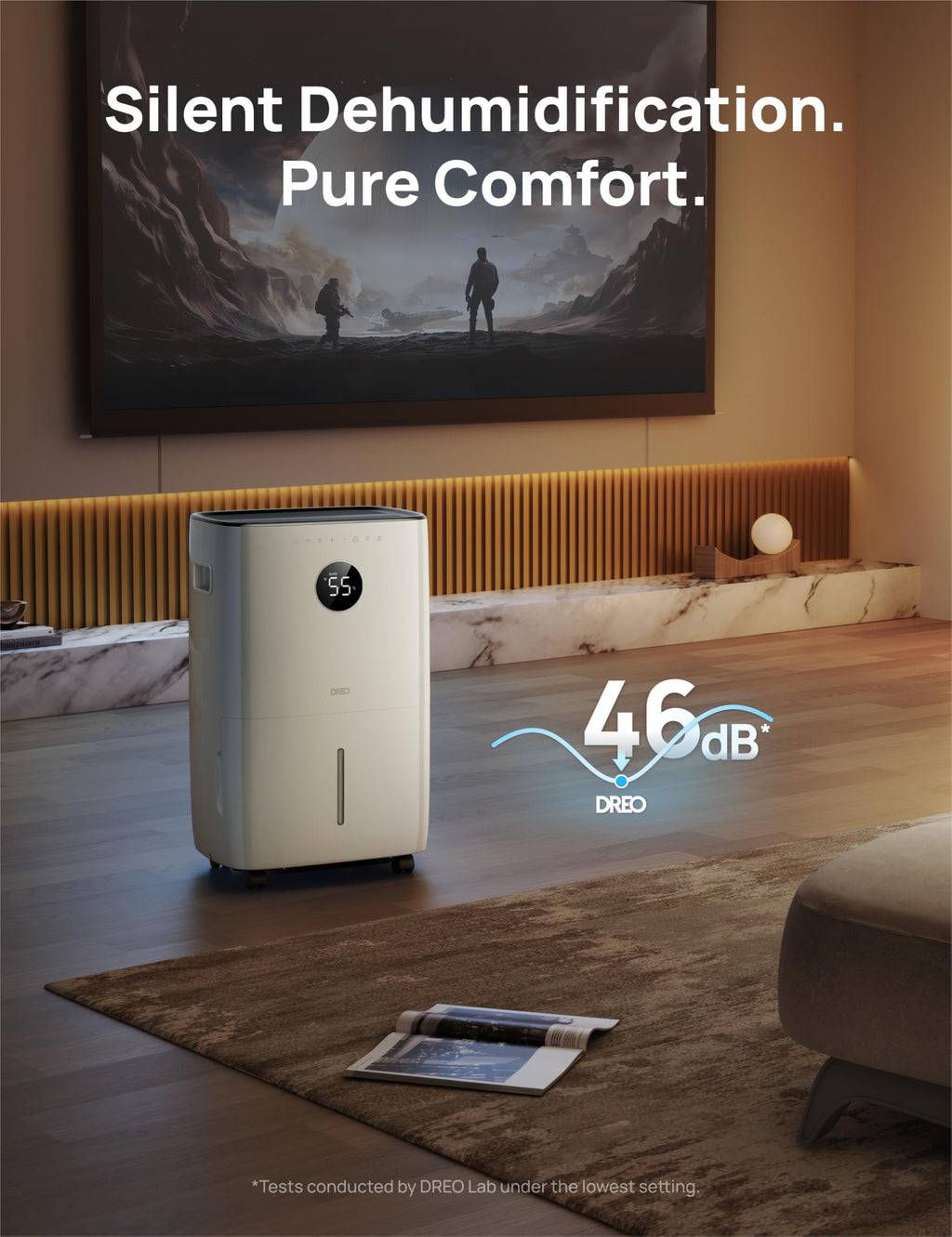DREO 110-Pint Smart Dehumidifier for Basement, 4500 Ft² for Large Room, 2 Gallon Water Tank, Auto/Comfort/Constant Mode Dehumidifiers for Home, Bedroom, Bathroom, with Drain Hose, Black, 711S