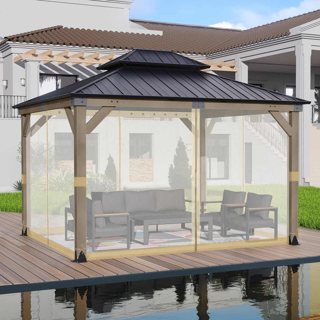 BPS 10' x 10' Gazebo Universal Mosquito Netting Screen Replacement, 4-Panel Mesh Screen Walls with Double Zippers for Outdoor Patio, Khaki (Mosquito Net Only)