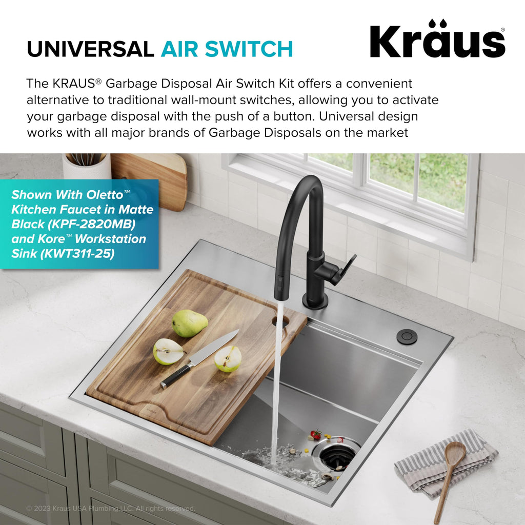 KRAUS Garbage Disposal Air Switch Kit with 2 Flat-Top Push Buttons in in Spot-Free Stainless Steel and Brushed Brass, AC Adapter, Power Cord, and Air Tube Included, KWDA-200BB