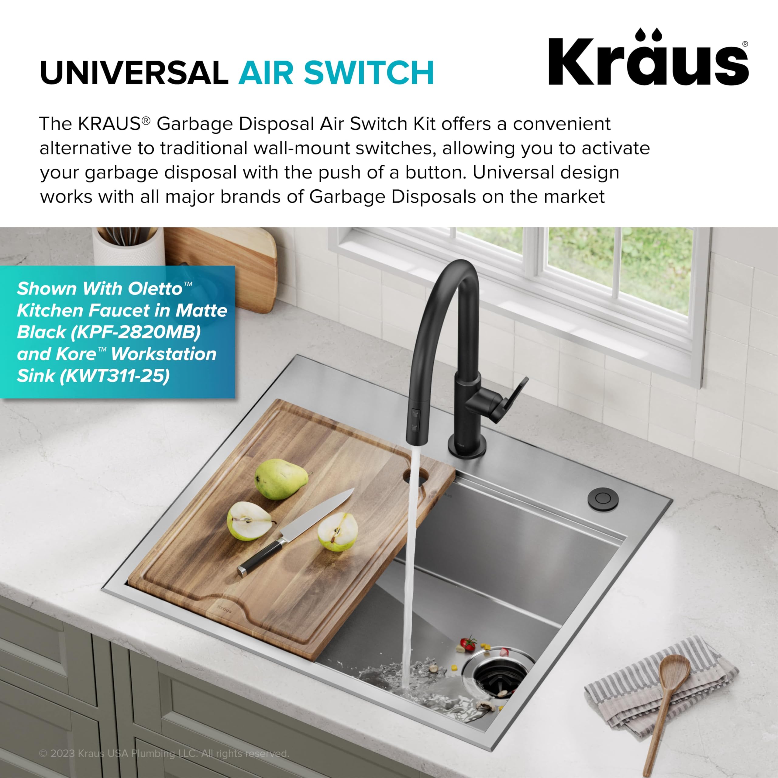 KRAUS Garbage Disposal Air Switch Kit with 2 Flat-Top Push Buttons in in Spot-Free Stainless Steel and Brushed Brass, AC Adapter, Power Cord, and Air Tube Included, KWDA-200BB