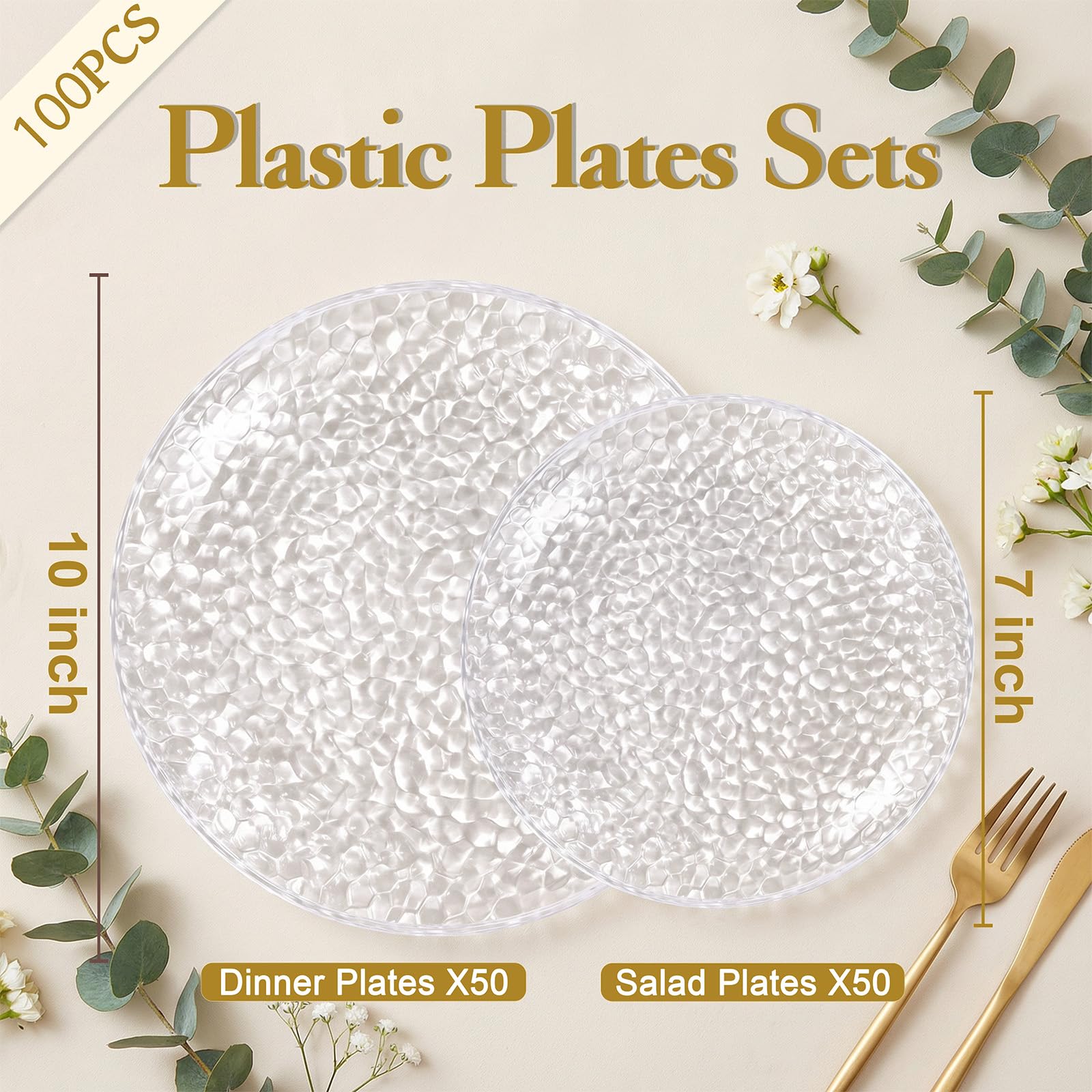Rubtlamp 100Pcs Amber Gold Plastic Plates, Disposable Plates With Gold Rim, Heavy-duty Party Platos, Hammered Plastic Plates Include 50 Clear Dessert Plates, 50 Dinner Plates for Party