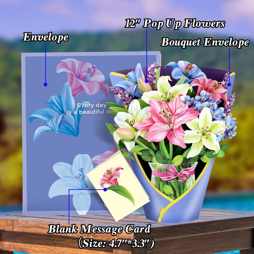 Airpark 3D Pop Up Paper Flowers Bouquet Card 12’‘ with Note & Envelope, Birthday Gifts, Get Well, Thank You, Greeting Cards for Women Mom Wife Friends, Daisies and Butterflies