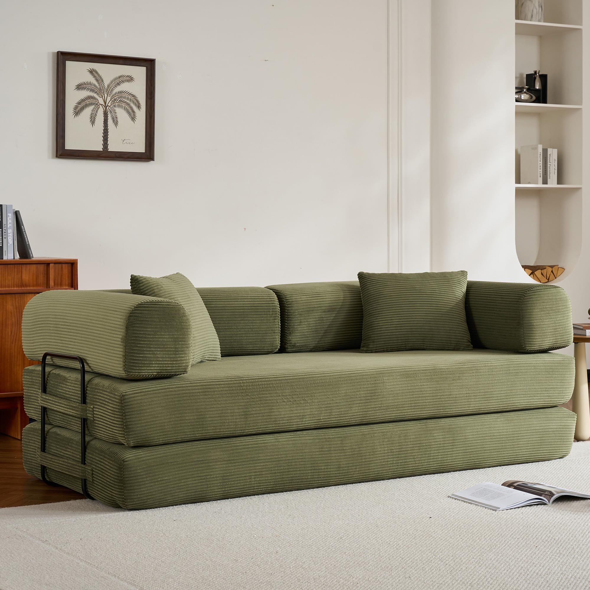 ZEIINPA 59“ Convertible Floor Sofa Bed, 5-in-1 Futon Sofa Bed Pull Out Sleeper Couch, Modern Corduroy Compressed Loveseat, Modular Boneless Couches for Living Room, No Assembly Required, Beige