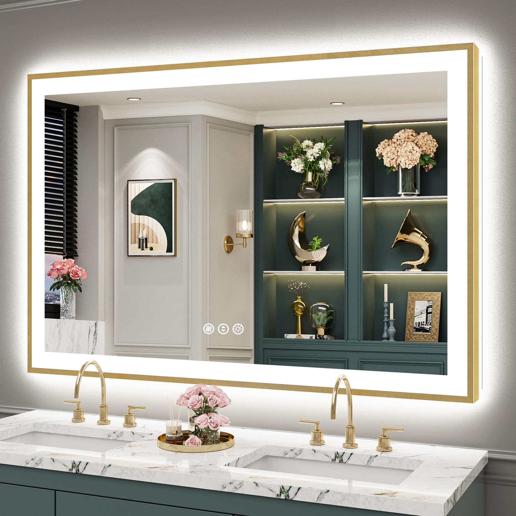 24x36 Gold Beveled LED Bathroom Mirror with Lights, Brushed Gold Framed Backlit and Front Lit Anti-Fog Lighted Vanity Mirrors for Bathroom Wall, Dimmable, 3 Colors, Memory, HD Tempered Glass