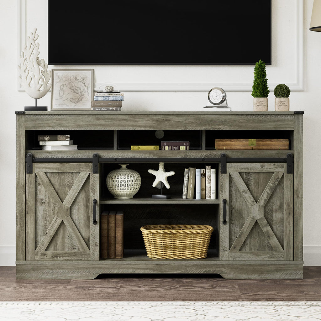 FansaFurn Farmhouse TV Stand for 65+ Inch TV, 34'' Tall Entertainment Center with Sliding Barn Doors, Rustic Wood Media Console Storage Cabinet Television Stand for Living Room, Bedroom (Black)