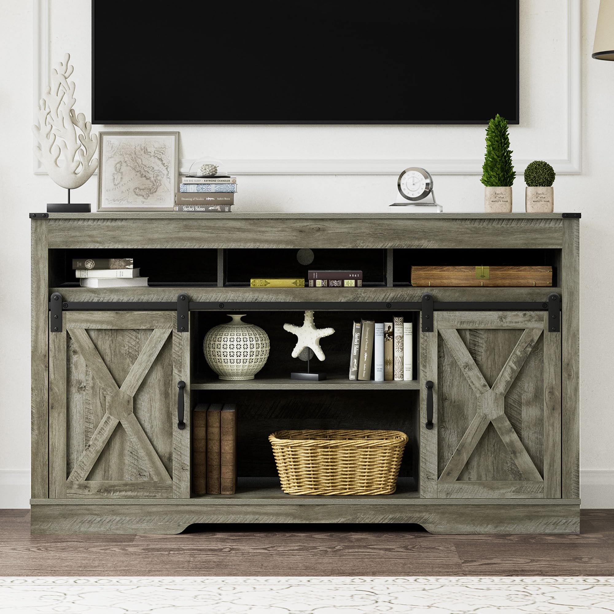 FansaFurn Farmhouse TV Stand for 65+ Inch TV, 34'' Tall Entertainment Center with Sliding Barn Doors, Rustic Wood Media Console Storage Cabinet Television Stand for Living Room, Bedroom (Black)