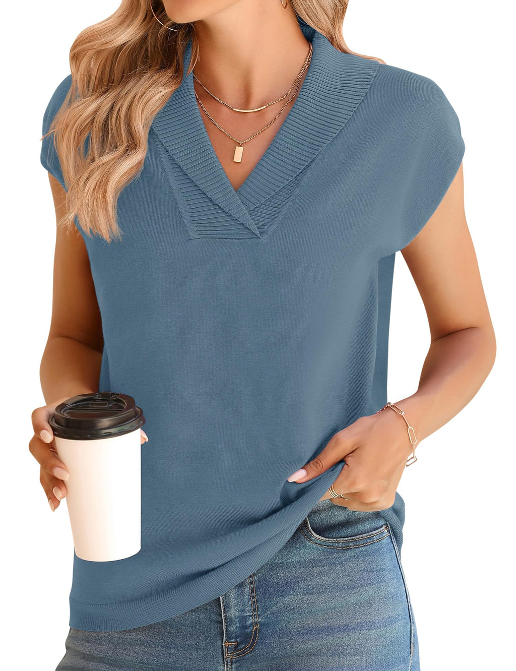 Ivicoer Sweater Vest Women V-Neck Knitted Pullover Short Cap Sleeve Collared Tops Dressy Casual 2025 Summer Fashion Trendy