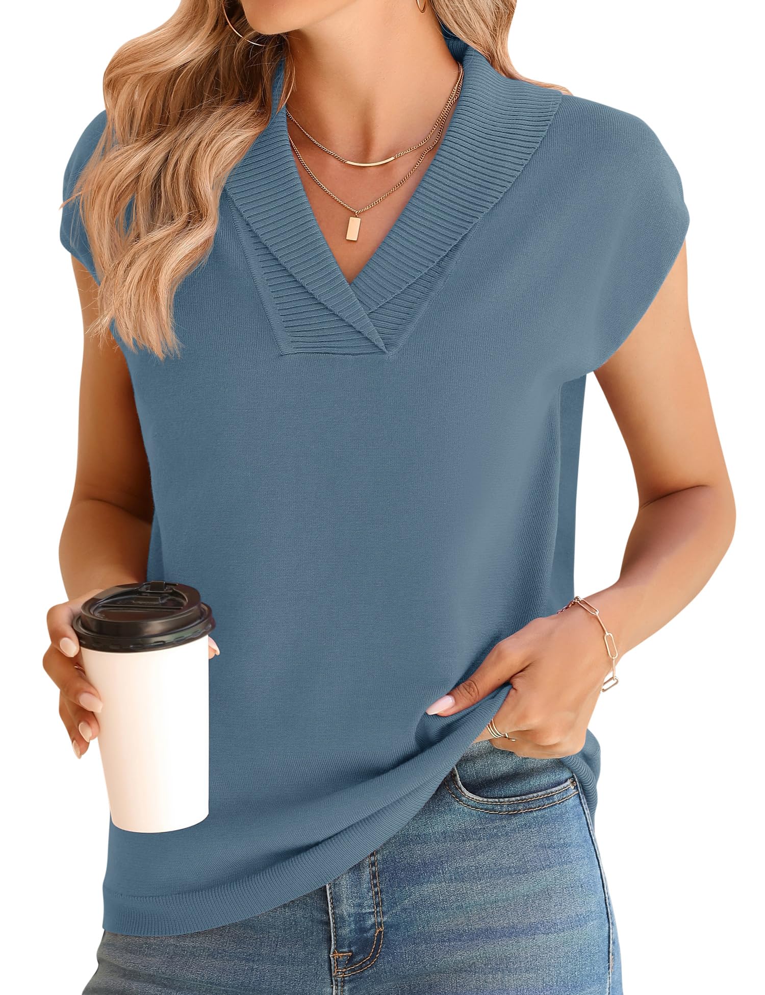 Ivicoer Sweater Vest Women V-Neck Knitted Pullover Short Cap Sleeve Collared Tops Dressy Casual 2025 Summer Fashion Trendy