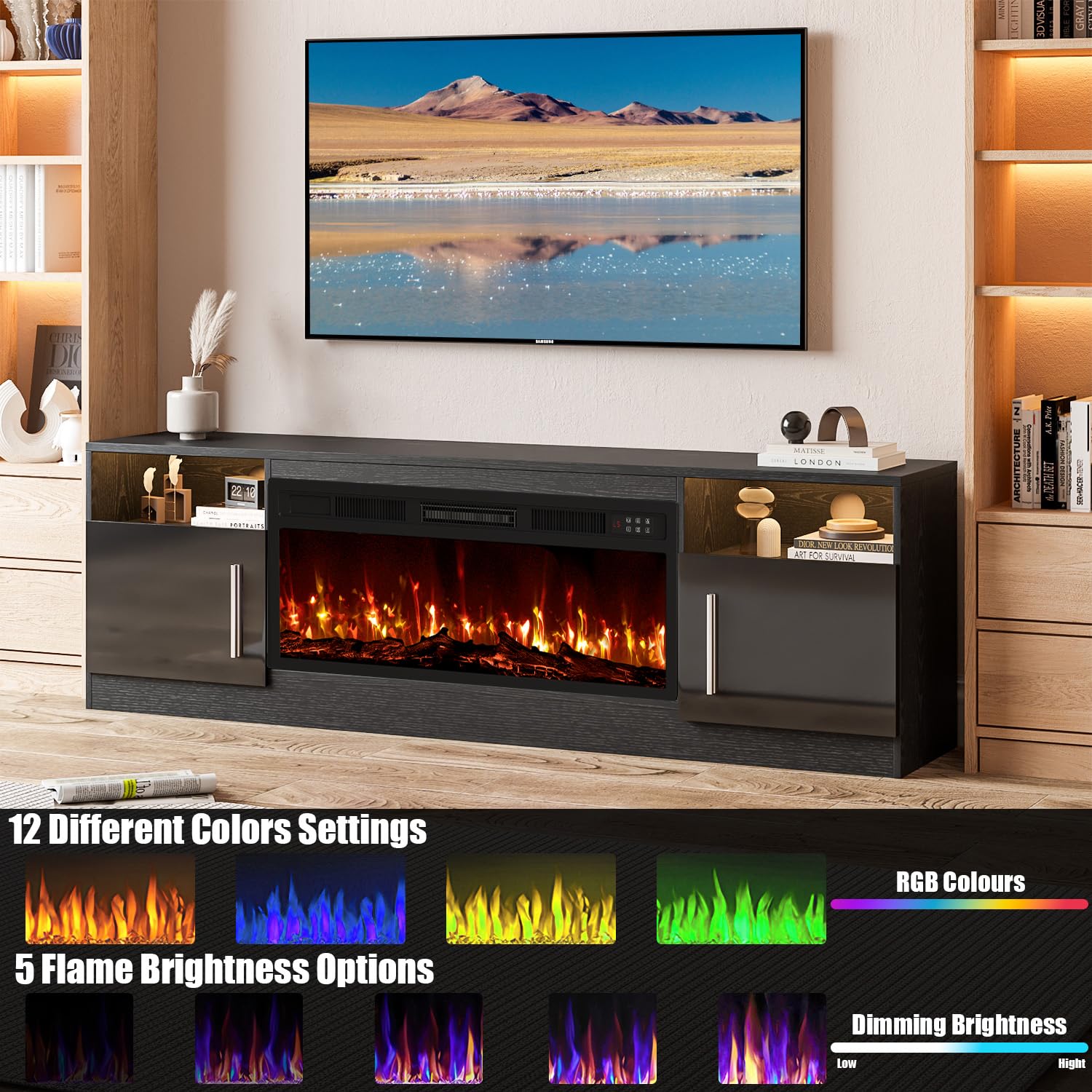 VITESSE 58 Inches Fireplace TV Stand for TVs up to 65 Inches Console with 18'' Electric Fireplace & Remote,Wooden Modern Entertainment Center for Living Room with LED Light Glass Shelves（Bei）