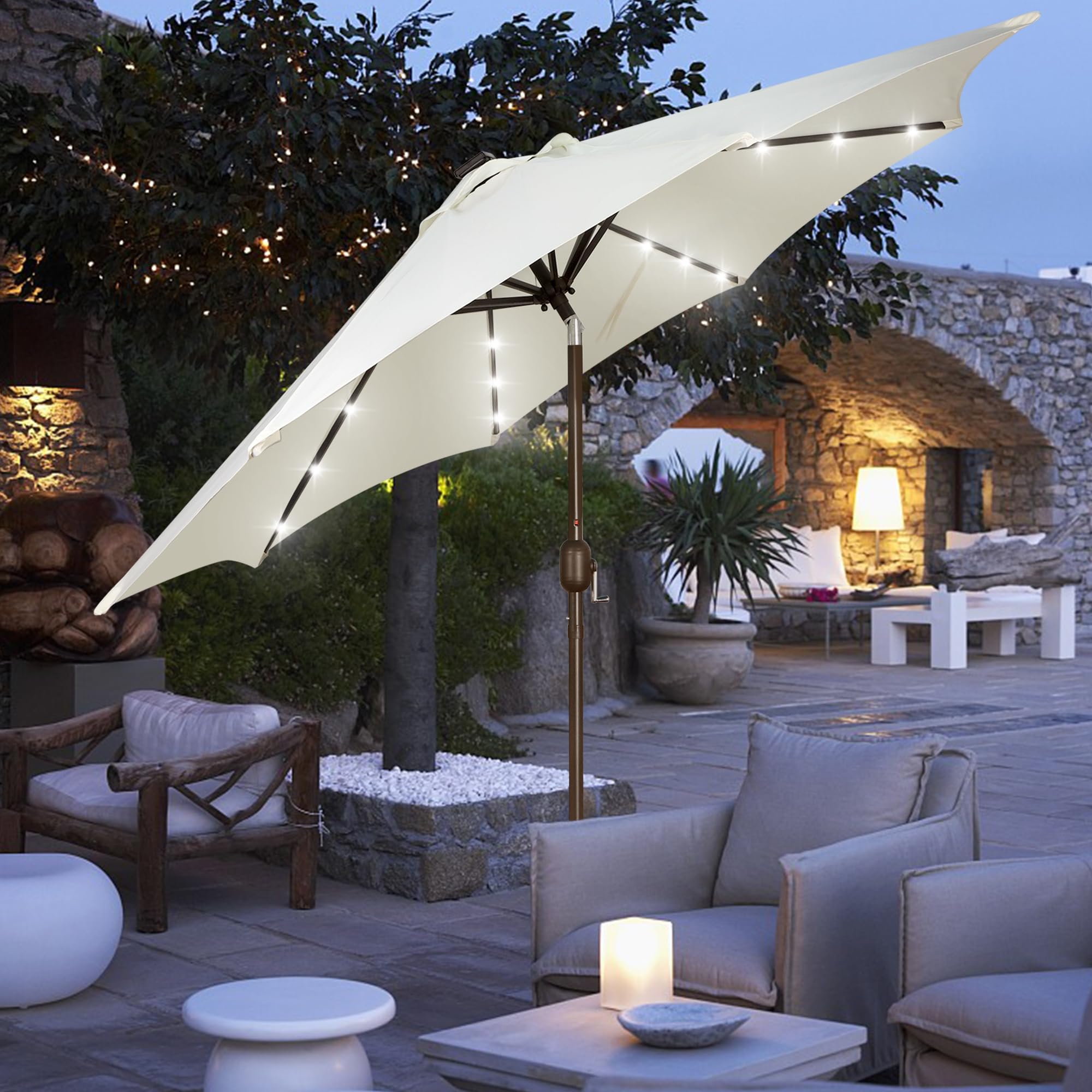 Blissun 9 ft Solar Umbrella, 32 LED Lighted Patio Umbrella, Table Market Umbrella, Outdoor Umbrella for Garden, Deck, Backyard, Pool and Beach (Light Blue)