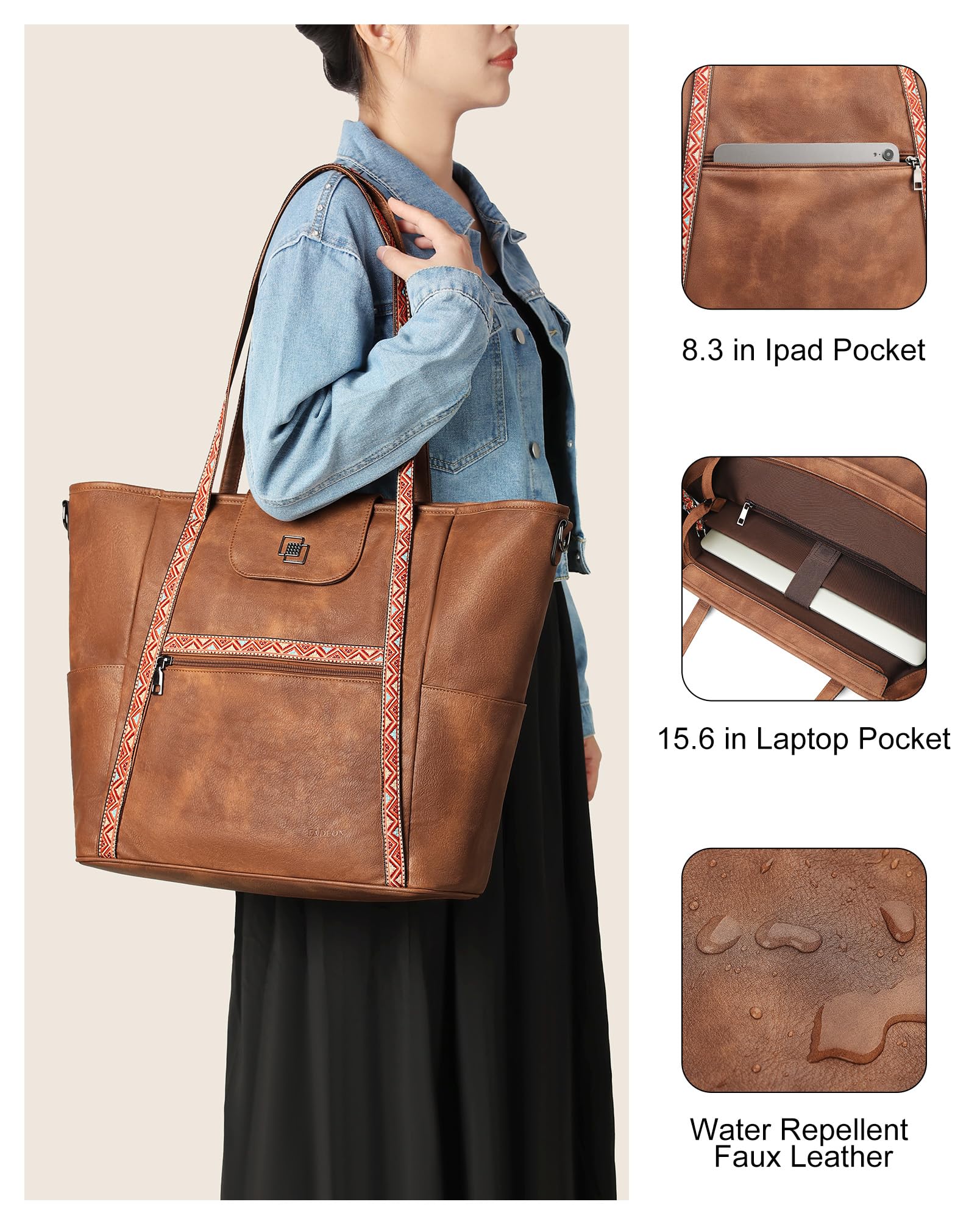 FADEON Large Laptop Tote Bag for Women Designer Leather Laptop Bag Fashion Travel Backpack Purse Shoulder Handbag