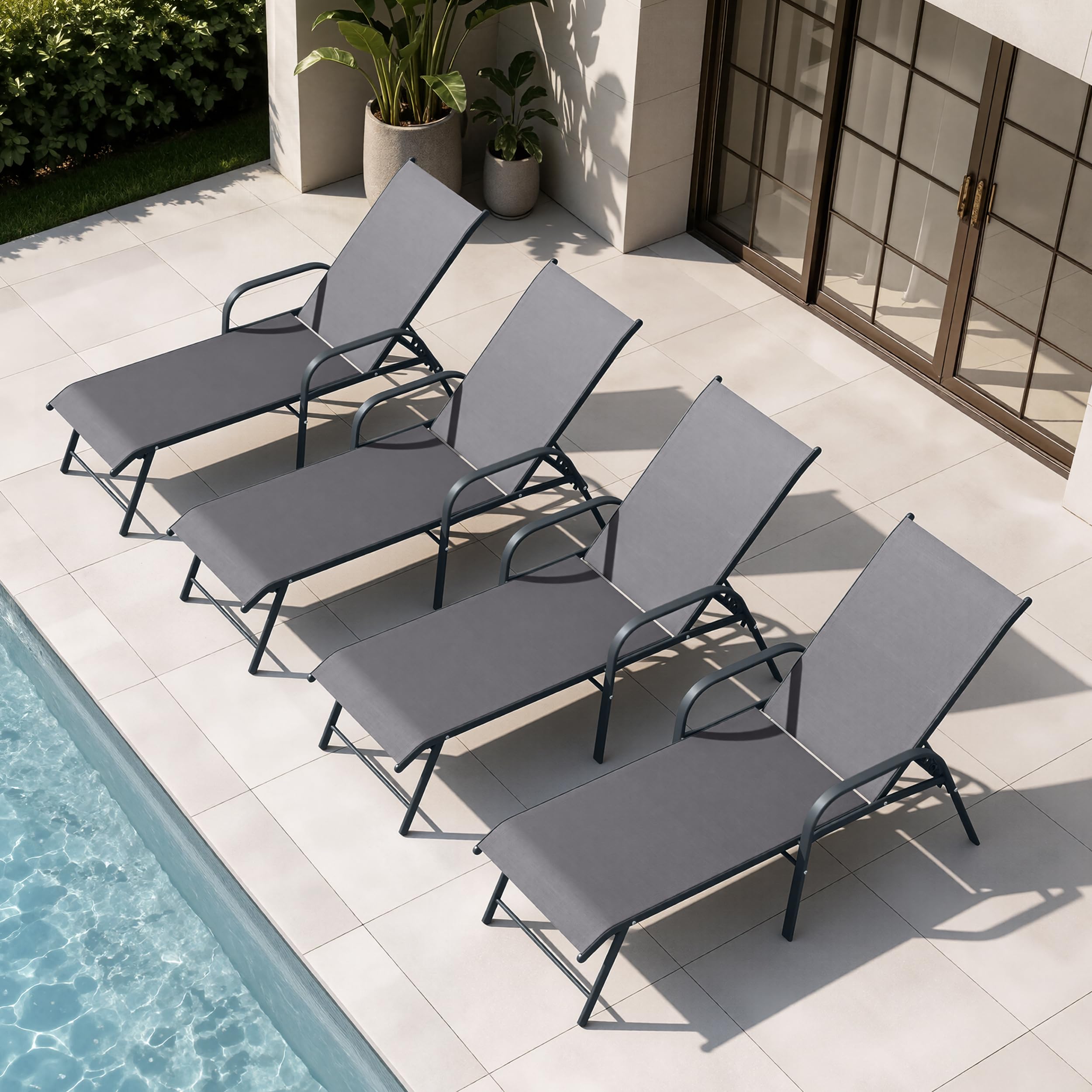Crestlive Products Chaise Lounge Chair Outdoor with Armrests, Pool Lounge Chairs Set of 2, Aluminum Adjustable 5 Positions Sun Tanning Lounger for Patio, Poolside, Yard, Deck, Backyard (Beige)