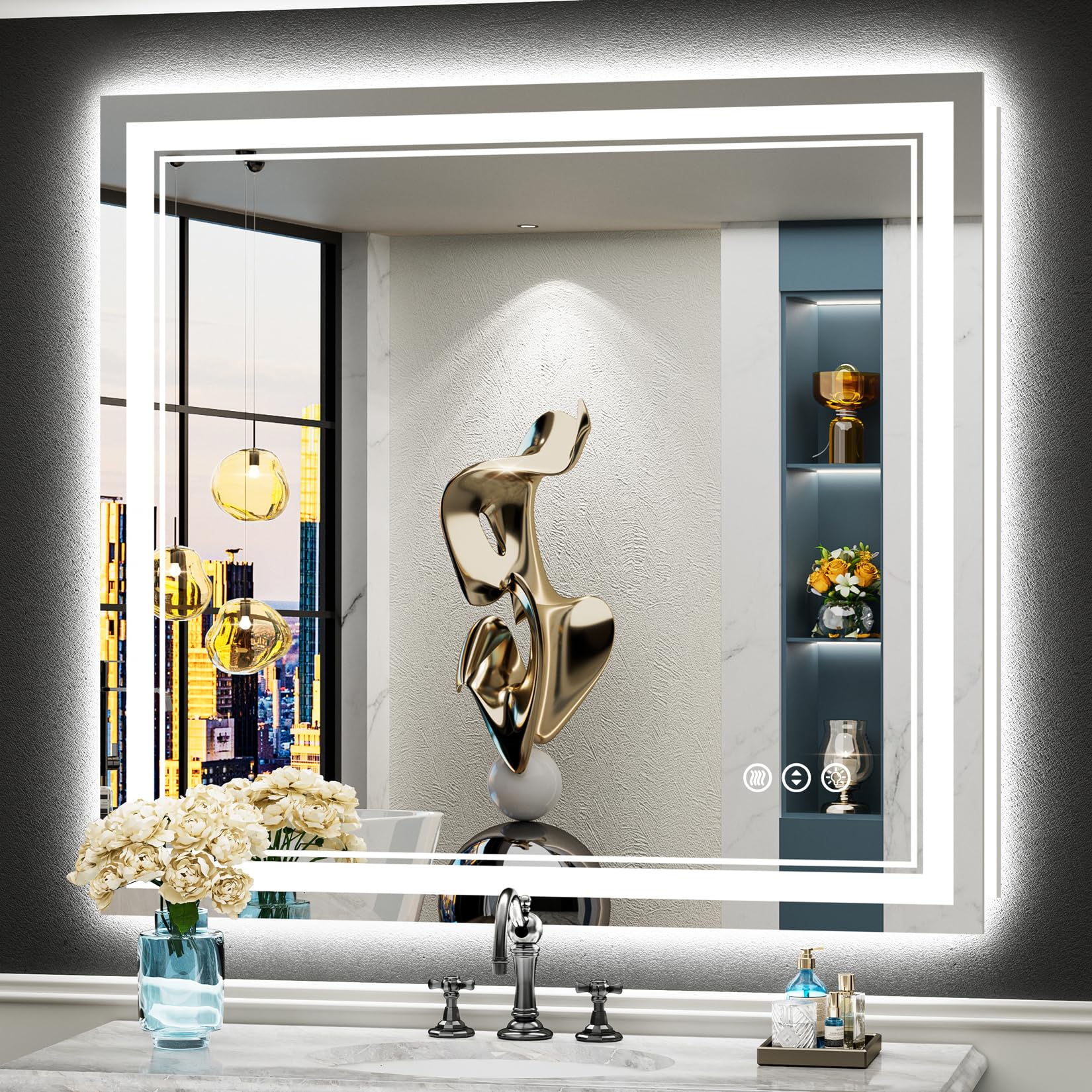 24x32 Black Framed LED Bathroom Mirror with Lights, Backlit and Front Lit Anti-Fog Lighted Vanity Mirrors for Bathroom Wall, Dimmable, 3 Colors, Memory, HD Tempered Glass, Horizontal/Vertical