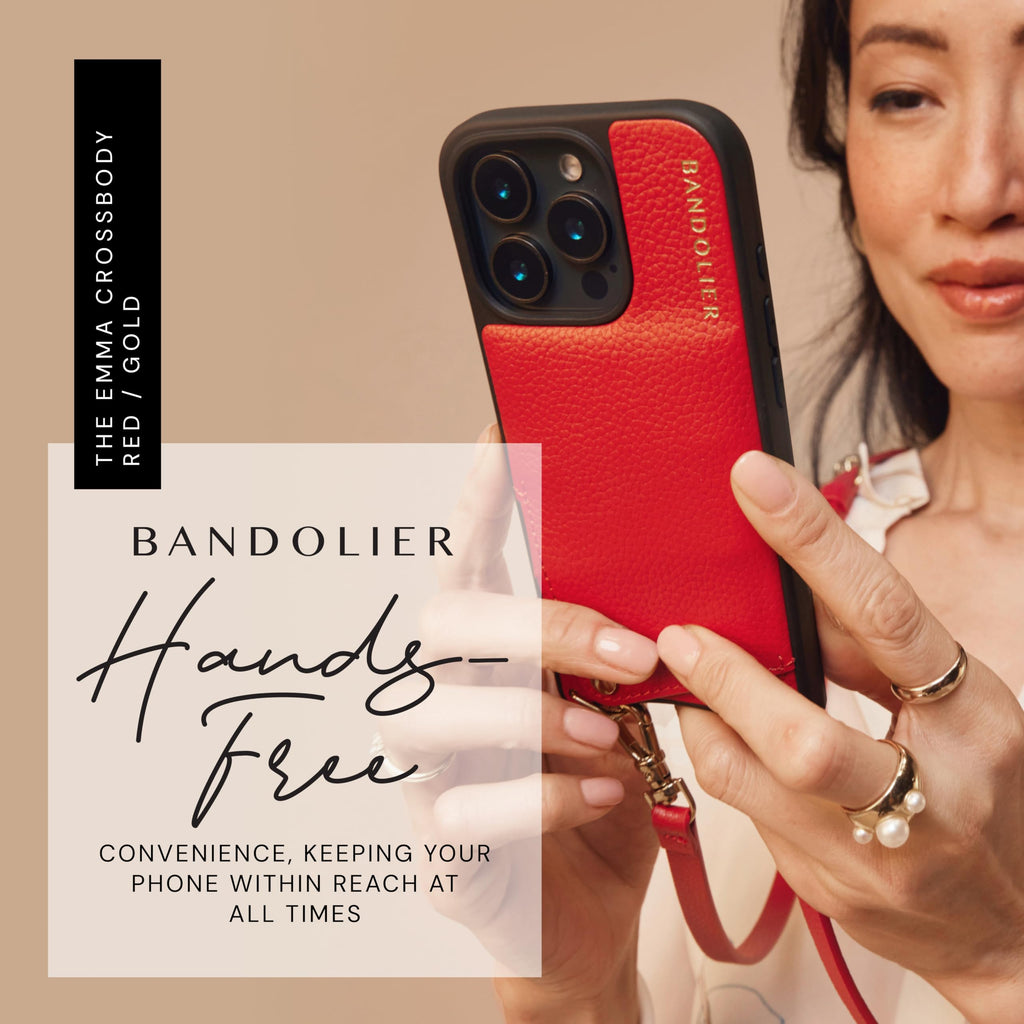 Bandolier Emma Crossbody Wallet Phone Case for iPhone 15 Pro Max. 100% Genuine Pebble Leather. Adjustable & Removable Crossbody Strap. Card Holder with Snap Closure. Black with Gold Hardware