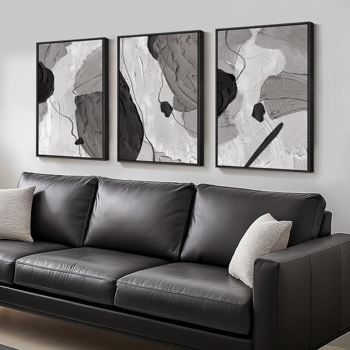 Framed Black and White Modern Abstract Wall Art, 3 Piece Canvas Prints Paintings Artwork for Walls, Minimalist Black White Grey Pictures for Living Room Dining Room Bedroom Office Wall Decor 16x24 In