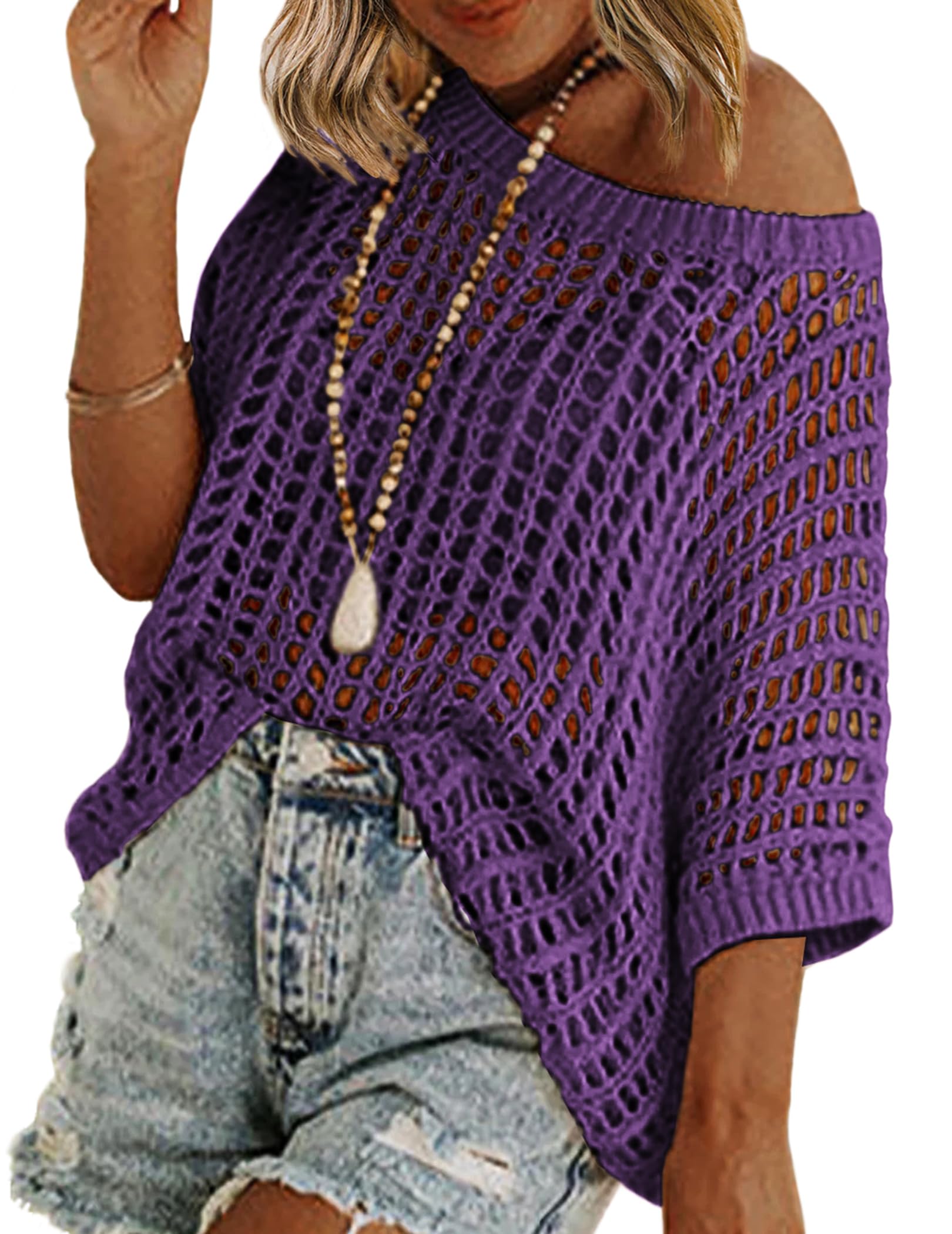 Zeagoo Short Sleeve Crochet Sweater Lightweight Summer Tops Loose Hollow Out Crewneck Pullover