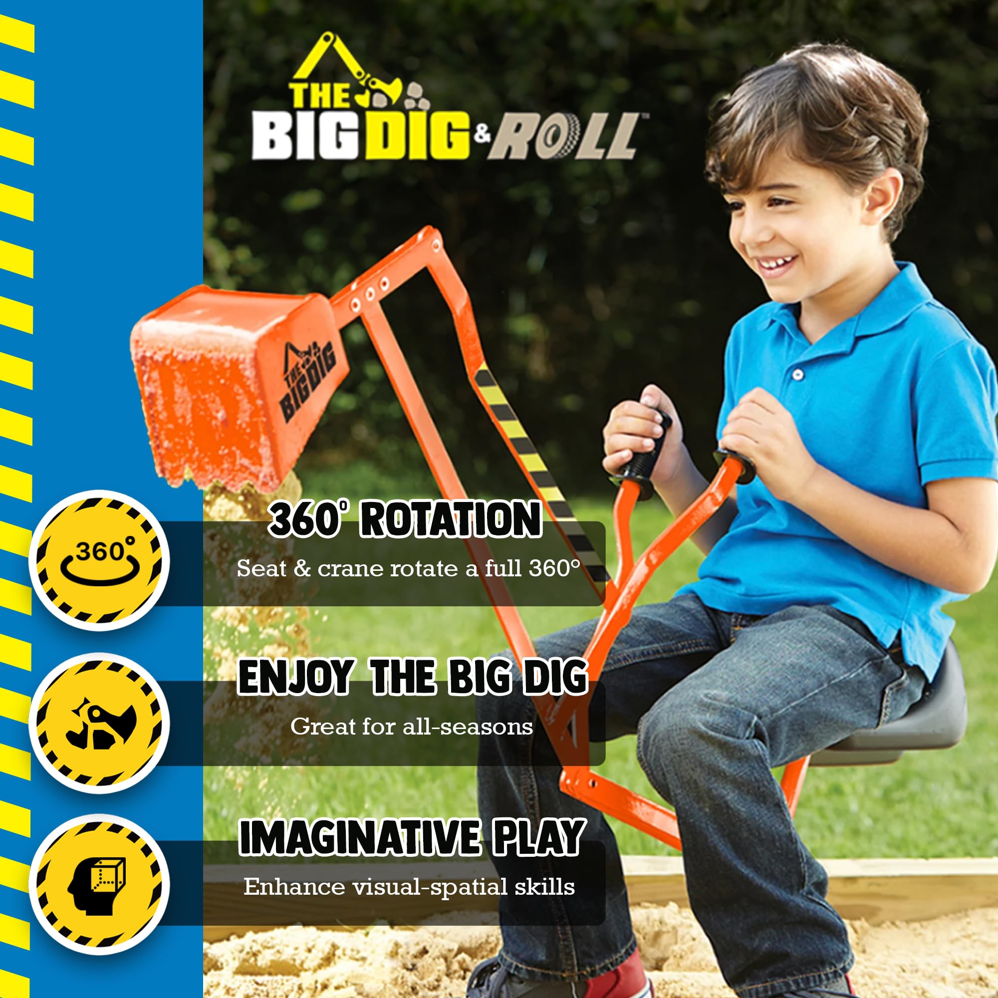 Big Dig Toy Excavator Ride, Sand Digger w/ 360 Rotation Base for Kids Ages 3 & Up, Yellow - Outdoor Playground and Beach Construction Riding Toys for Children