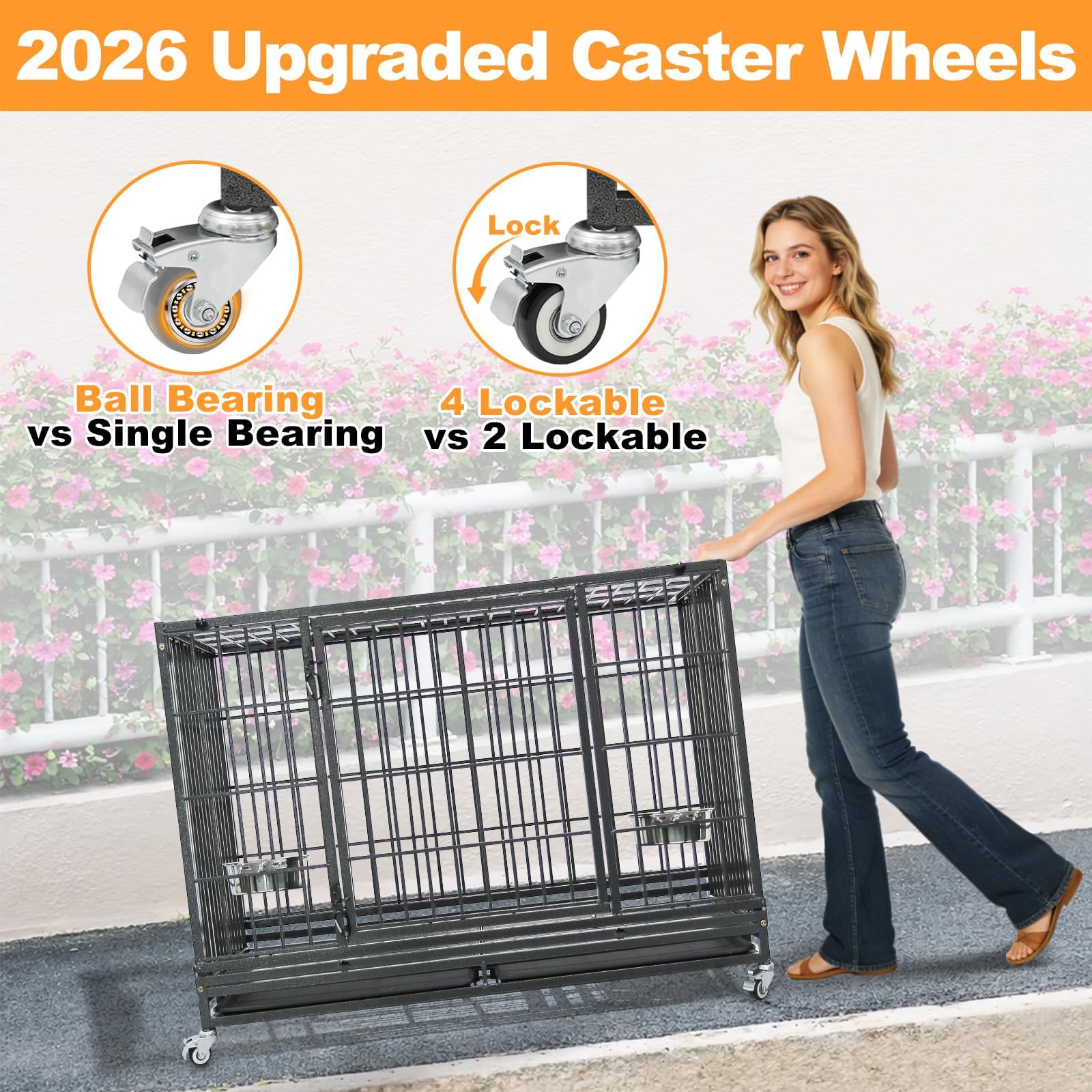 Homey Pet 37 inch Stackable Heavy Duty Dog Crate, Indestructible Escape Proof Dogs Cage Kennel with Lockable Wheels, Removable Tray & Metal Grid, Double Doors for High Anxiety Medium/Small Dogs