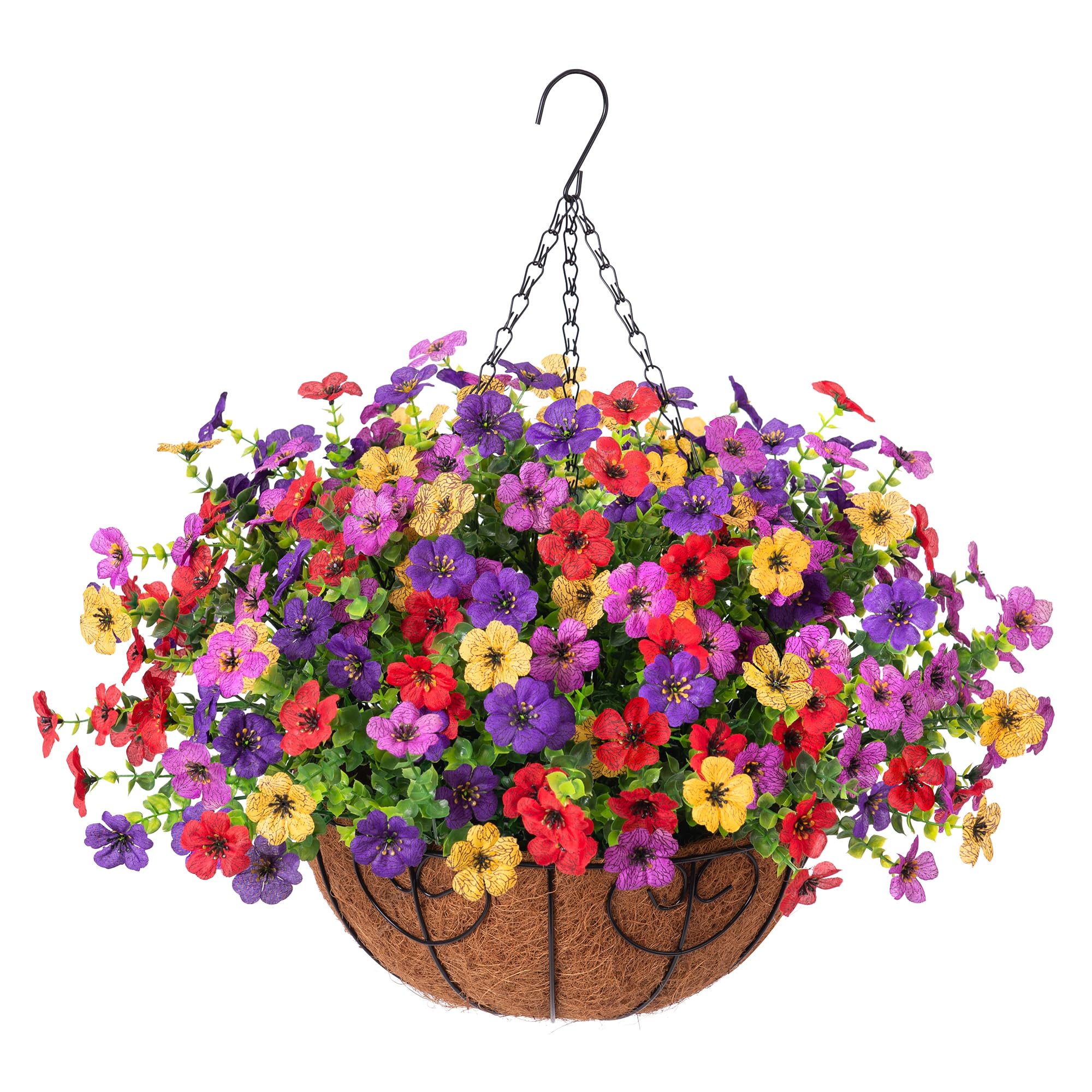 Ammyoo Artificial Faux Hanging Plants Flowers Basket for Spring Outdoor Decoration, Fake Silk Daisy UV Resistant Look Real with Eucalyptus Leaves Summer Outside Decor for Home Patio Garden