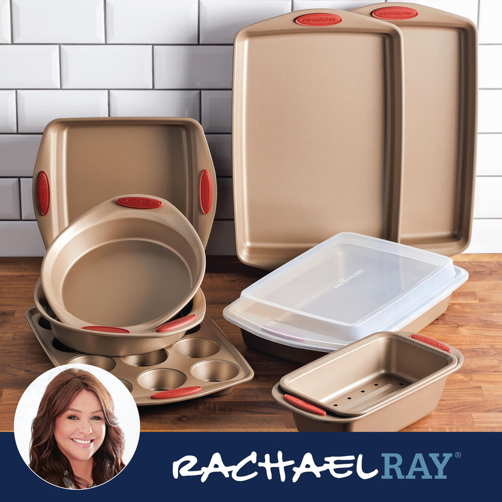 Rachael Ray Cucina Bakeware Set Includes Nonstick Cake Cookie Baking Sheet and Muffin Cupcake Pan, 4 Piece, Latte Brown with Agave Blue Grips