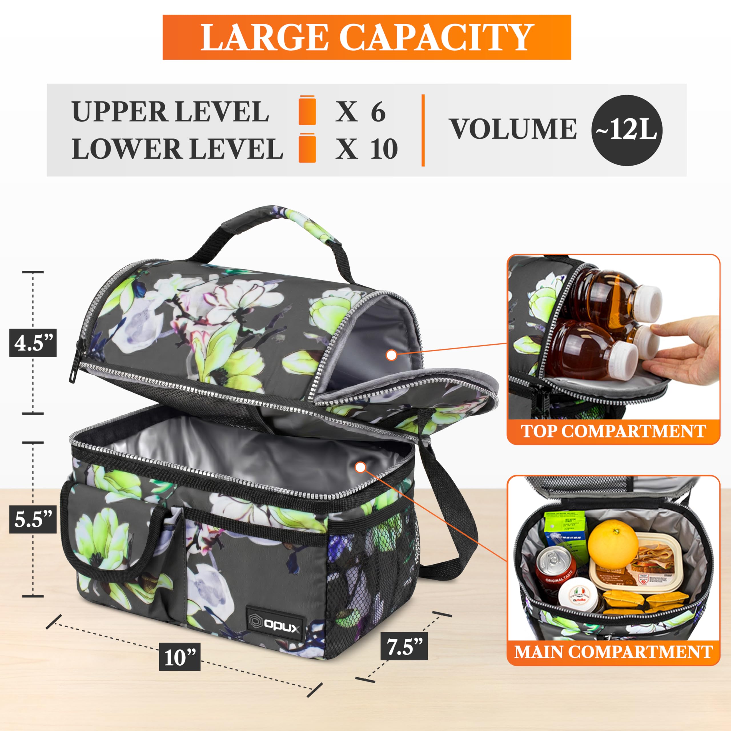 opux Insulated Lunch Bag Women Men, Dual Compartment Leakproof Lunch Box Adults Kids, Double Decker Meal Prep Bento Lunch Cooler Tote with Shoulder Strap for Work Office School Travel, Black