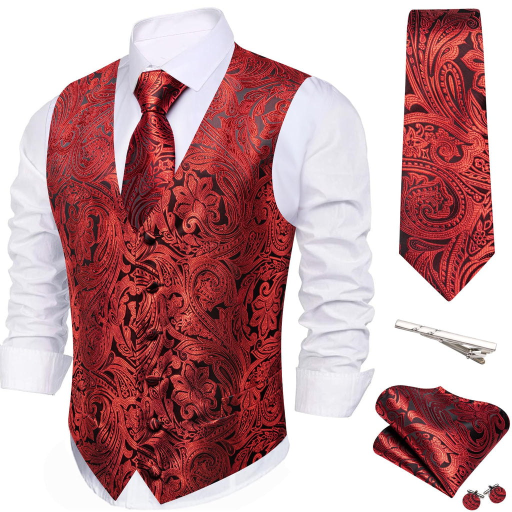 Barry.Wang Men's Suit Vest Formal/Leisure Paisley Jacquard Silk Tie Pocket Square Waistcoat Set Wedding 5PCS