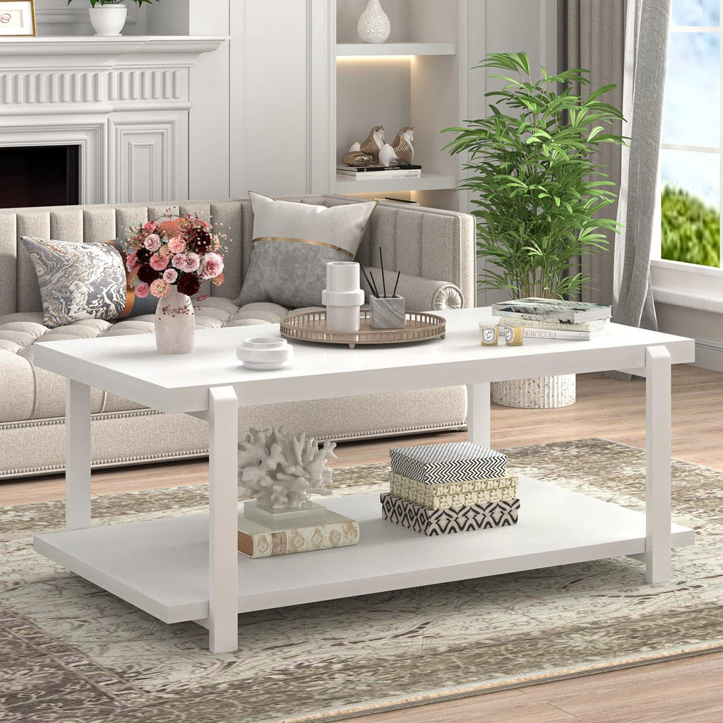 FOLUBAN Black Coffee Table, Modern Rustic Wood Center Table with Storage for Living Room, Industrial Rectangle 2 Tier Cocktail Tea Table, Black Oak