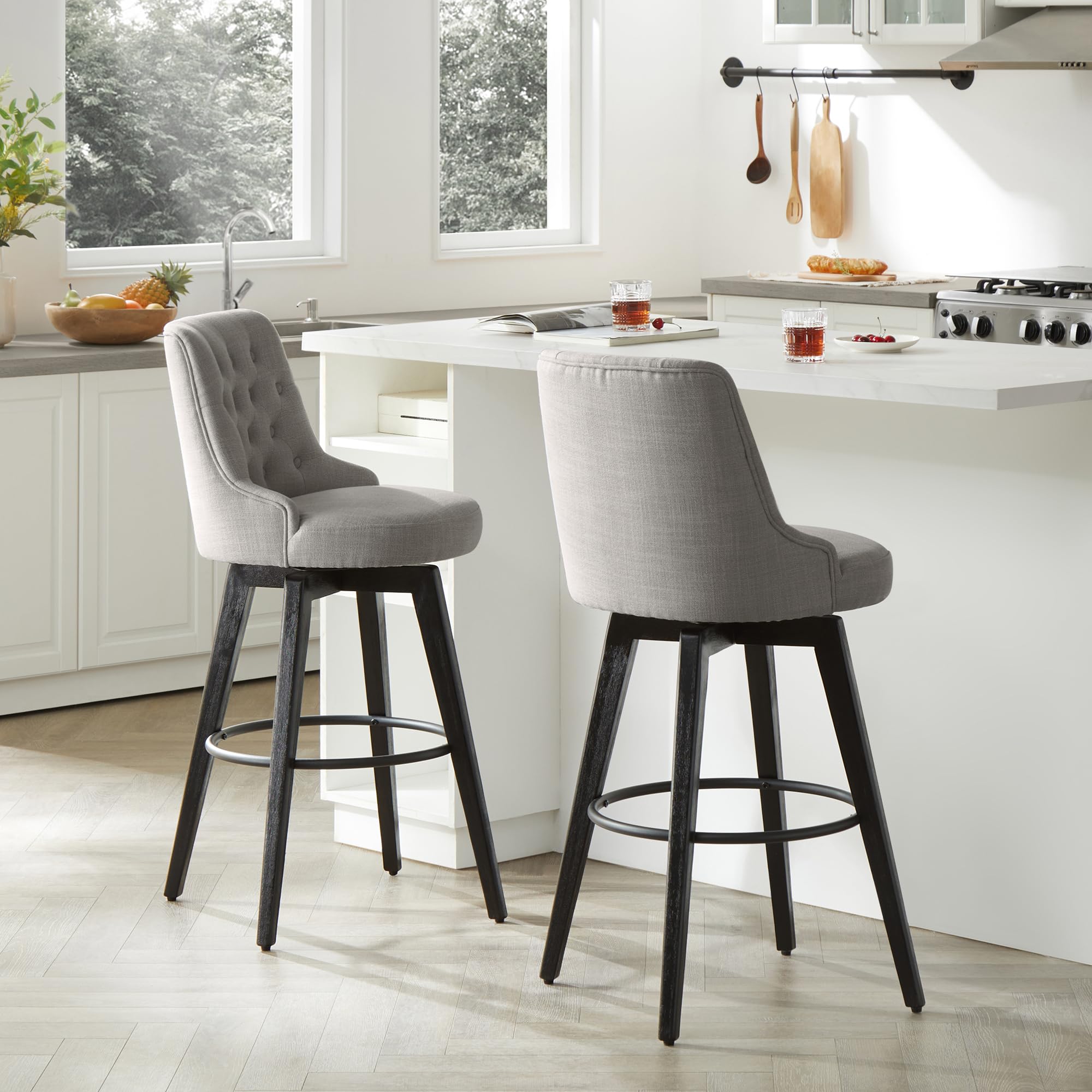 Watson & Whitely Counter Height Bar Stools, Performance Fabric Upholstered Modern Swivel Barstool with Back, Solid Wood Legs, 26" H Seat, Flint Grey