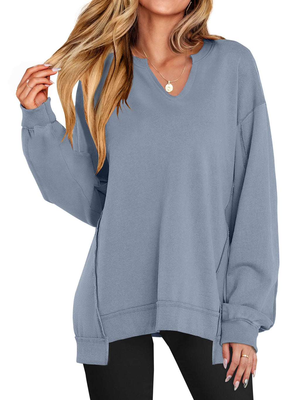 ANRABESS Women's Long Sleeve V-Neck Oversized Sweatshirts | Soft Lightweight Loose Fit Pullover Tops, Casual School Workout Office Tunic Shirts, Teen Girls Outfit, Fall Winter Clothes