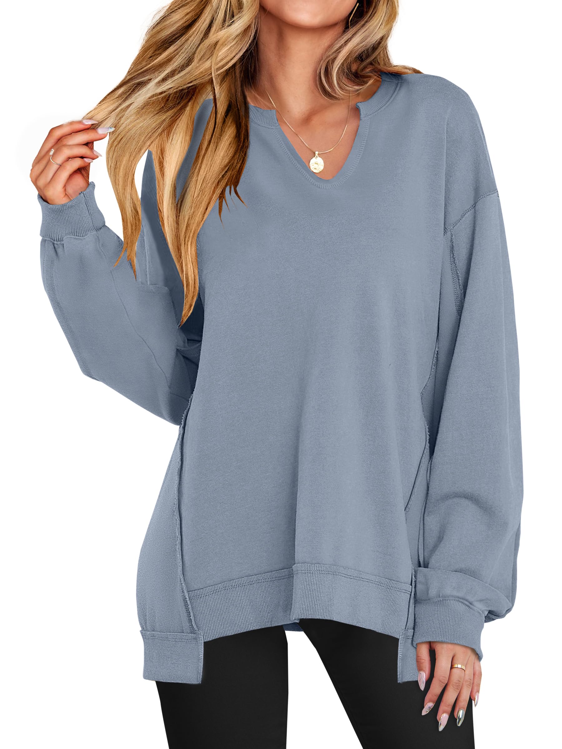 ANRABESS Women's Long Sleeve V-Neck Oversized Sweatshirts | Soft Lightweight Loose Fit Pullover Tops, Casual School Workout Office Tunic Shirts, Teen Girls Outfit, Fall Winter Clothes
