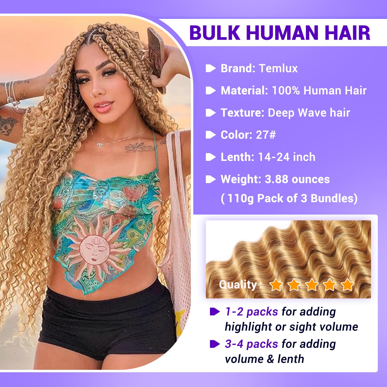 Human Braiding Hair for Boho Braids 110g Deep Wave Boho Bulk Human Hair for Braiding Knotless 12A Wet and Wavy Bohemian 3 No Weft Bundles/Pack Curly Braids Honey Blonde 16 Inch