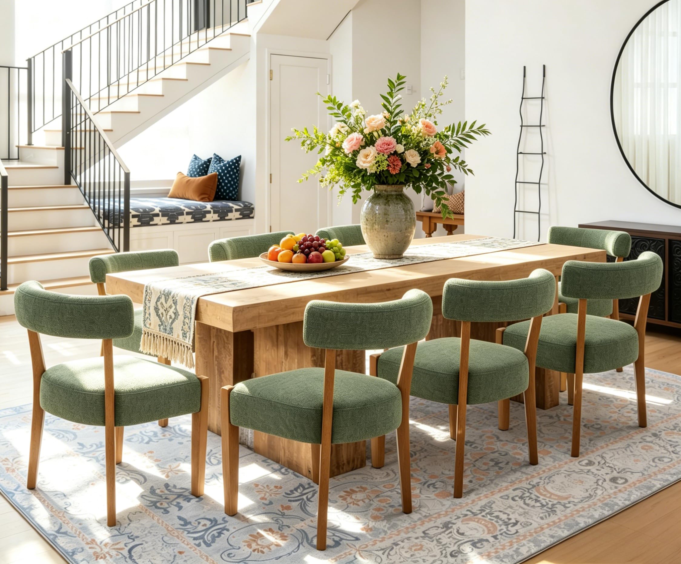RNKSFX Upholstered Dining Chairs Set of 2, Walnut Wooden Kitchen & Dining Room Chairs, Mid Century Modern Fabric Farmhouse Dining Chairs Oversized Sturdy Rounded Chairs Curved Back, Beige Fabric