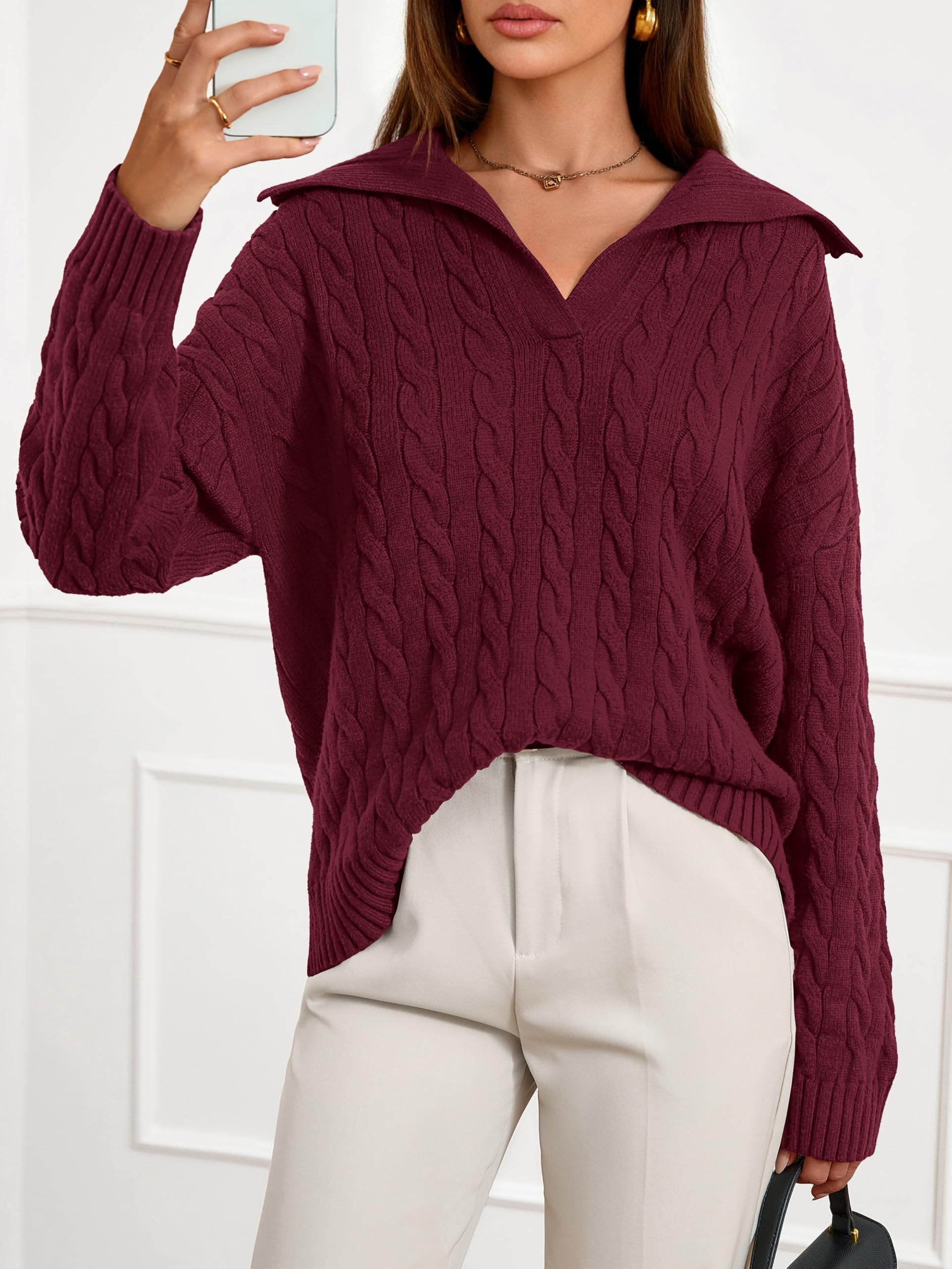 PRETTYGARDEN Spring Cable Knit Oversized Sweaters for Women 2026 Polo V Neck Long Sleeve Casual Chunky Sweater Pullover Tops
