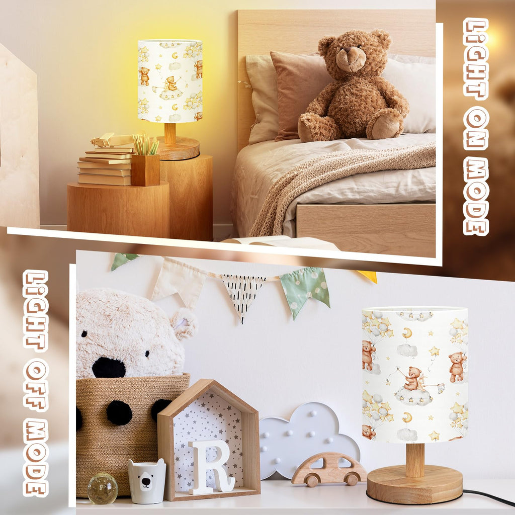 VIHOSE Woodland Animals Kids Table Lamp for Bedroom Kids Bedside Lamp with Linen Wooden Nightstand Cartoon Nursery Lampshade for Girls Boys Living Room