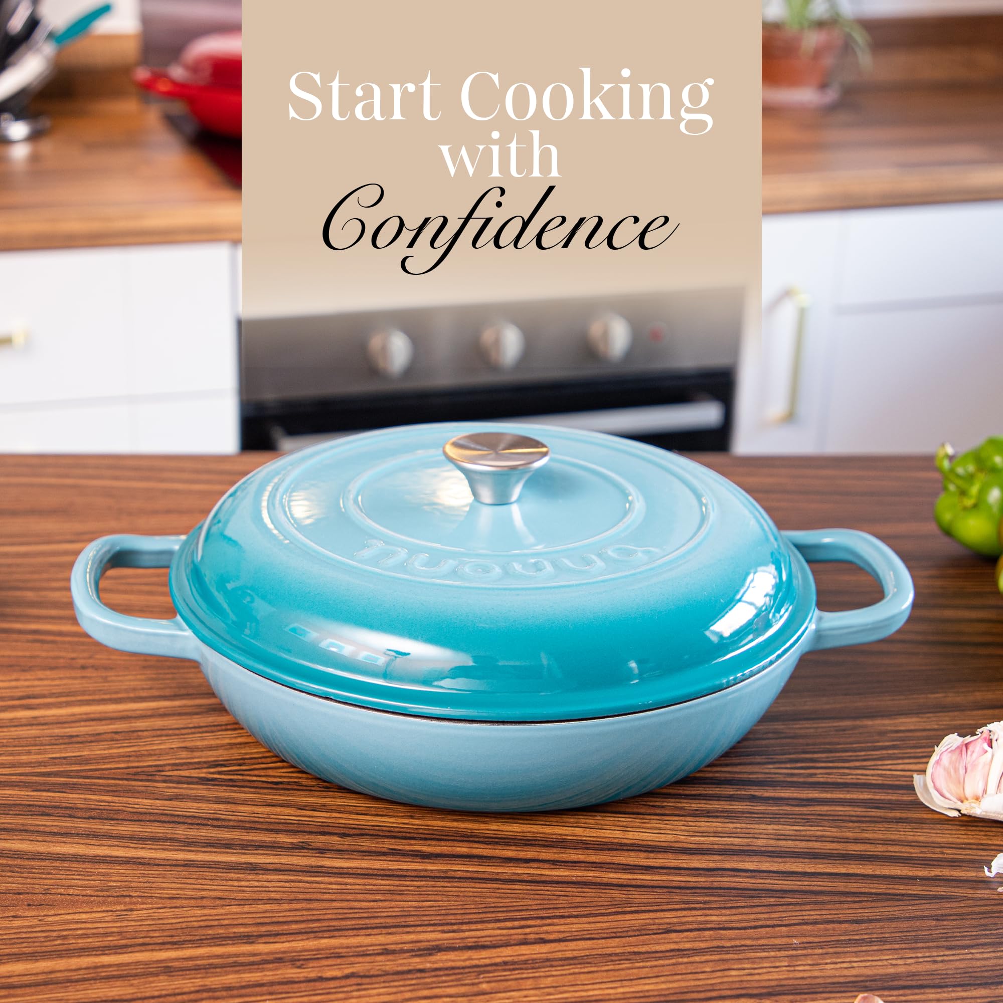 Shallow Cast Iron Casserole with Lid – Non Stick Dutch Oven Pot, Oven Safe up to 500° F – Sturdy Ovenproof Stockpot Cookware – Enamelled Cooking Pot – Black, 5-Quart, 32cm – by Nuovva