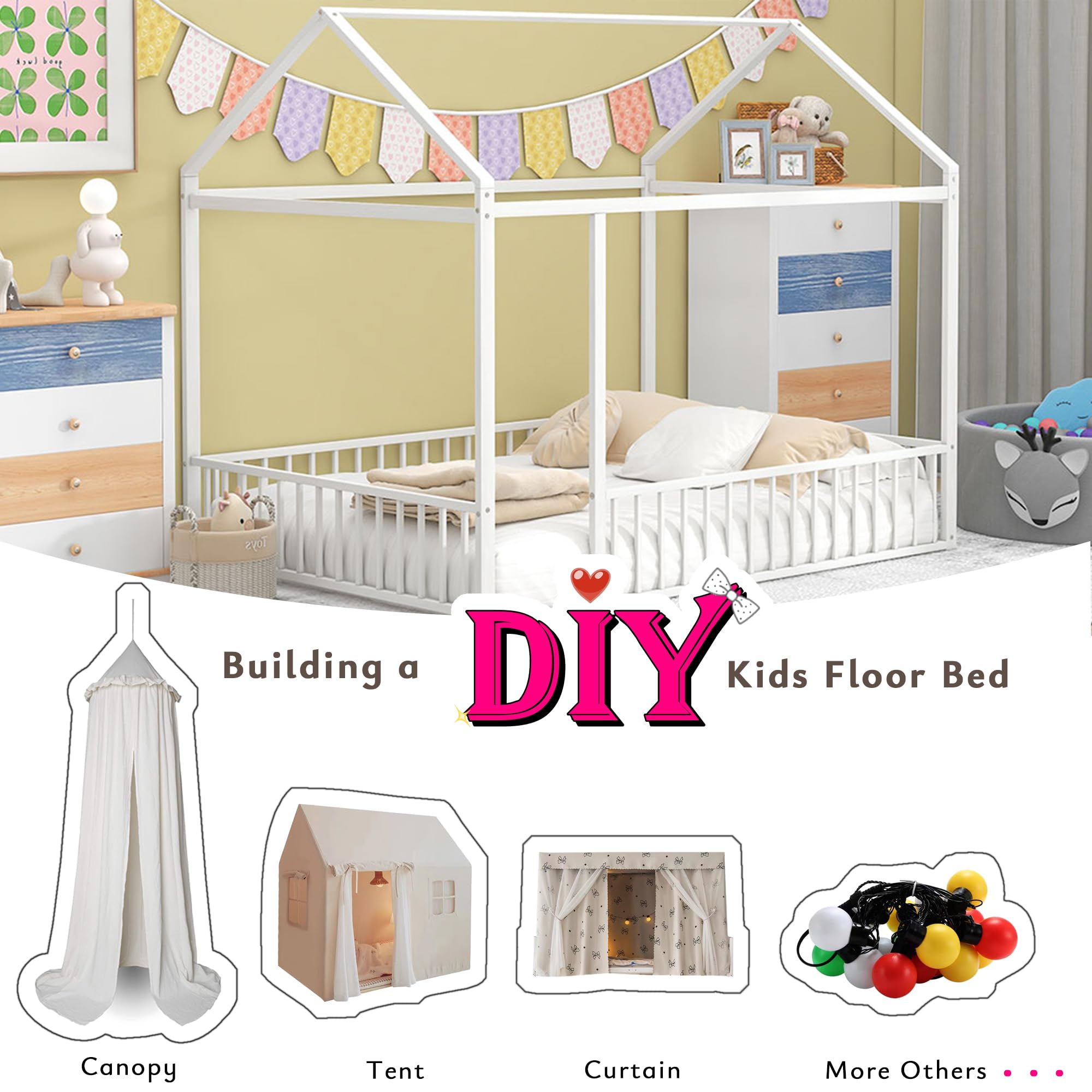 Bellemave Twin Size Montessori Floor Bed, Metal House Bed Framefor Kids, Montessori Floor Beds with Fence, Playhouse for Kids,Black