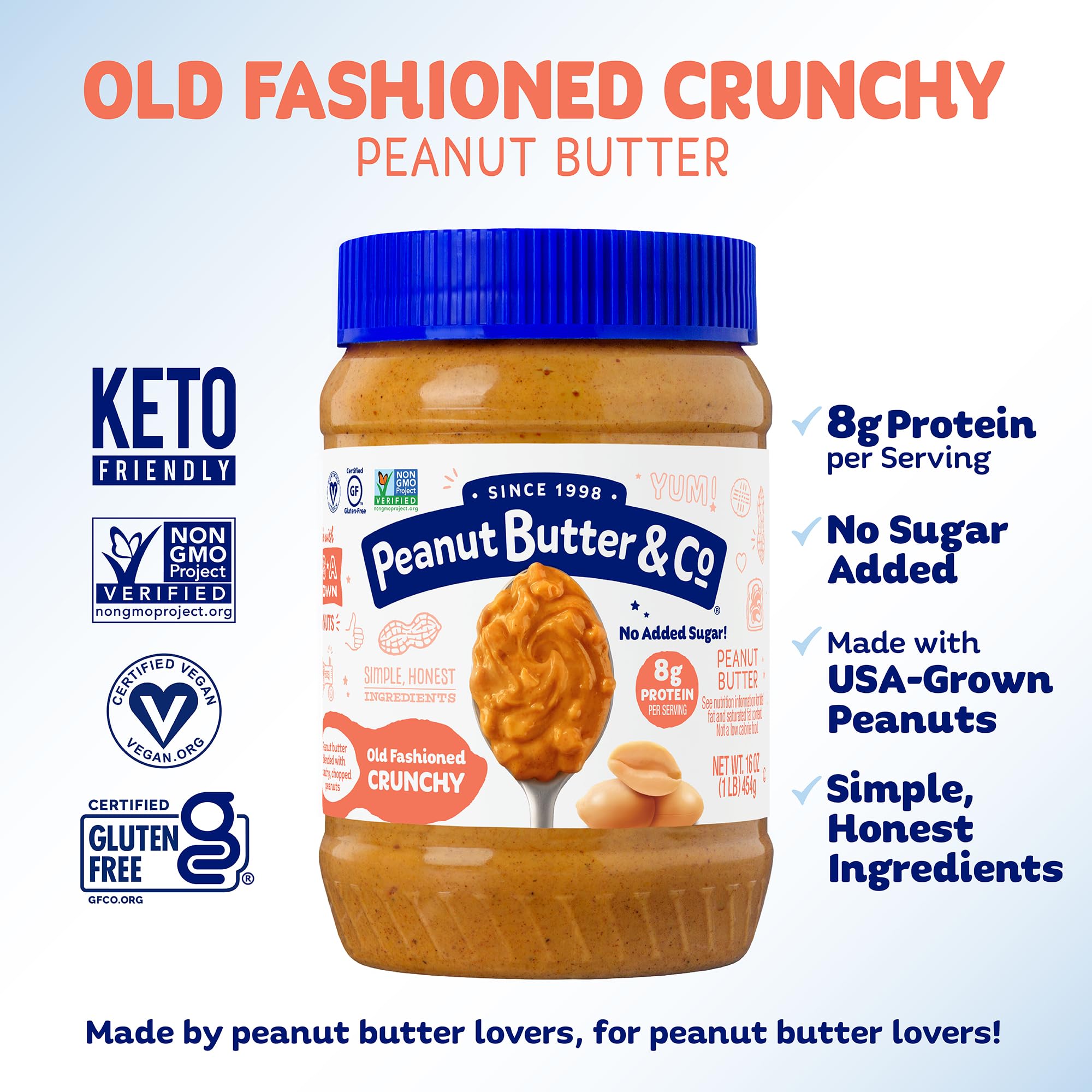 Peanut Butter & Co. Old Fashioned Crunchy Peanut Butter, No Sugar Added, 8g Protein, Non-GMO Project Verified, Gluten Free, Vegan, 16 oz Jar